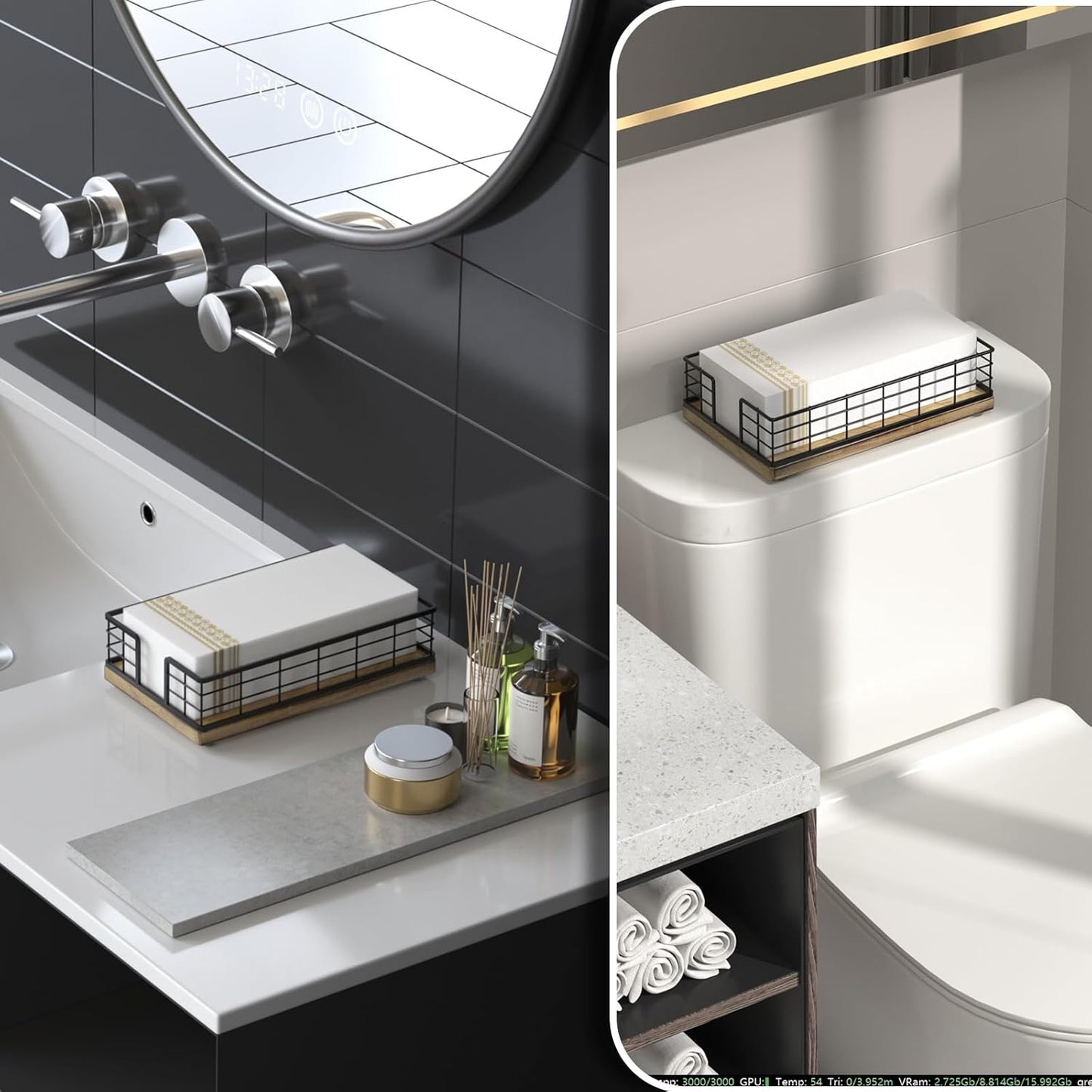 Wican Guest Towel Holder Tray for Bathroom, Oak and Iron Napkins Holder for Powder Room Dinning Table Wooden Basket for Disposable Paper Hand Towels Black and Farmhouse Brown