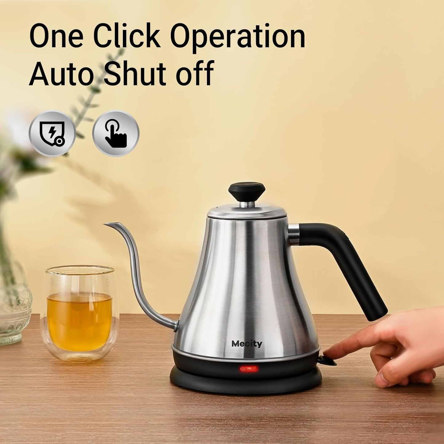 Mecity Electric Kettle Gooseneck Water Kettle Stainless Steel Tea Kettle Water Boiler Fast Heating, Auto Shut Off, 27 fl oz, 1000W, Stainless Steel