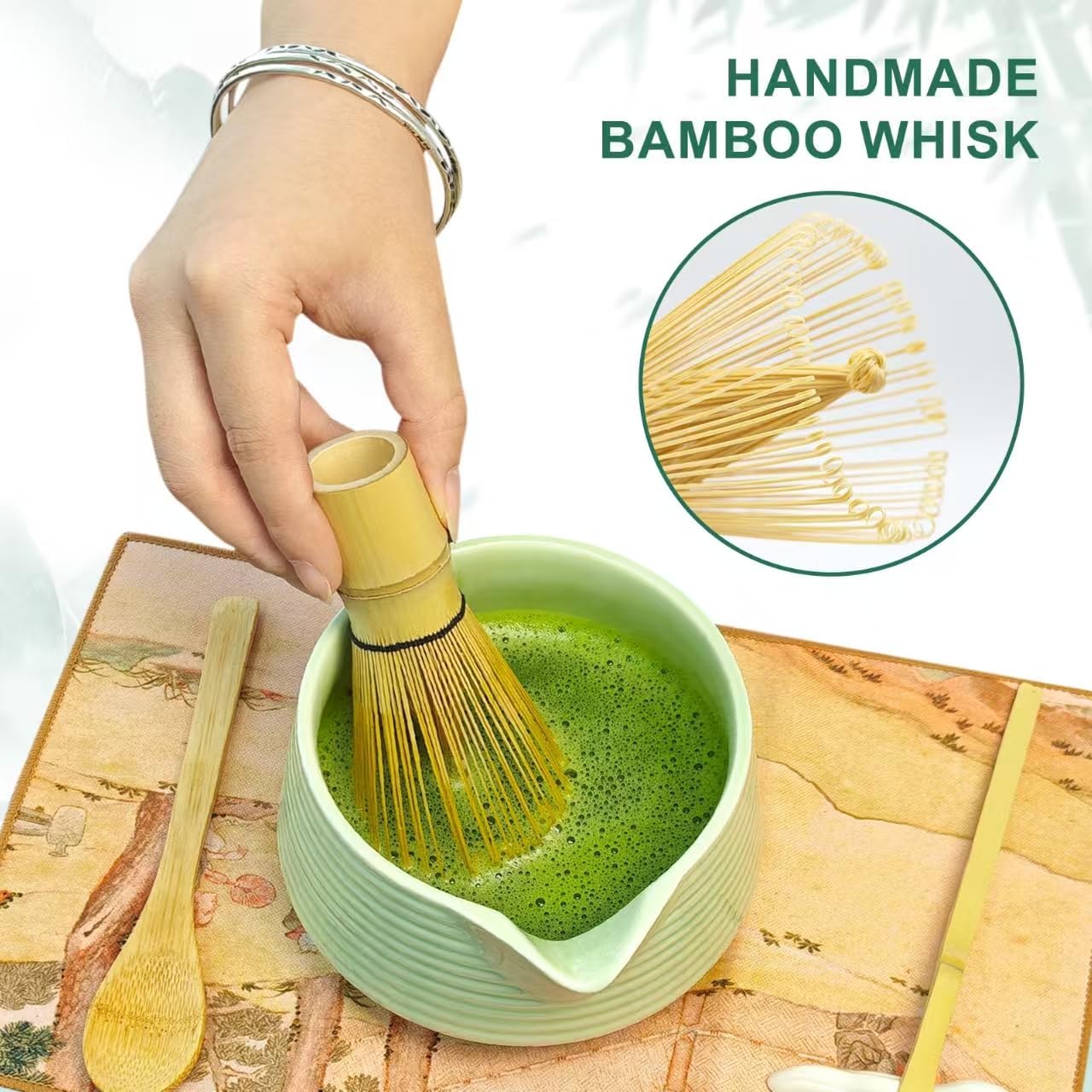 Matcha Whisk Set, Matcha Bowl with Spout, Tea Brush Stand, Stainless Steel Sifter, Matcha Whisk Holder - 8 Pcs Green Matcha Kit Set for Matcha Lover Ideal Holiday Gift, Tea Making Tools