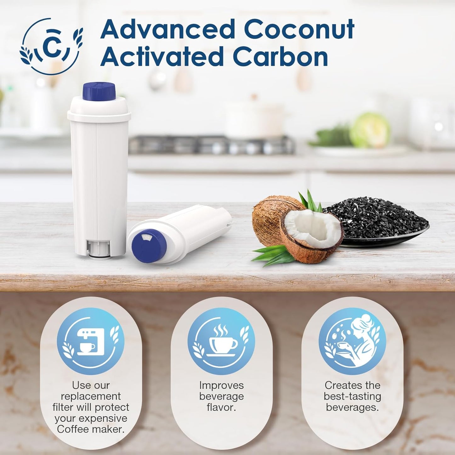 DLSC002 Water Filter Replacement Compatible With Delonghi Coffee Machine Filter Activated Carbon Softener For De'longhi Magnifica evo, Dinamica, Eletta, ECAM, ESAM, ETAM, Bco410/420, Ec680/800, 2 Pack