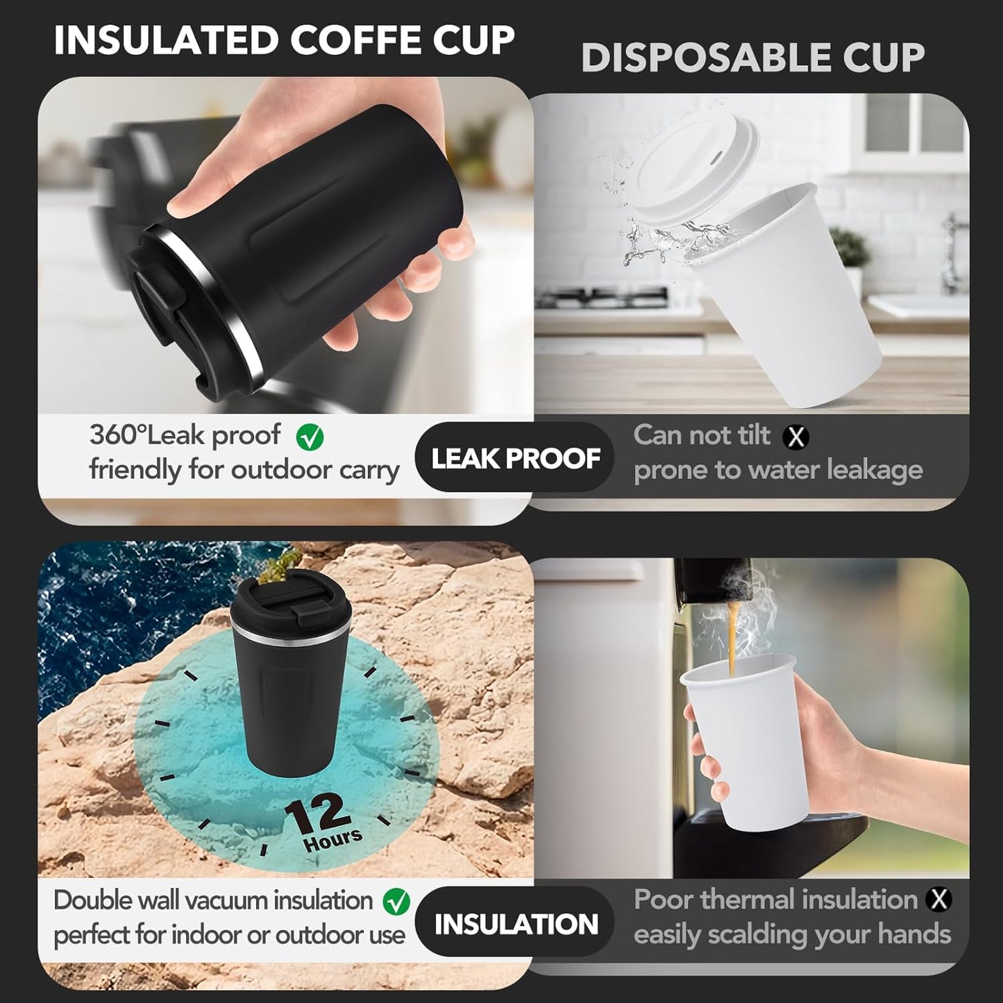 Volhoply 12 oz Double Wall Insulated Vacuum Travel Coffee Mug with Flip Lid,Reusable Stainless Steel Leak Proof Coffee Cup,Portable Iced Cafe Thermal Tumbler Suitable for Hot&Cold Drinks(Black,1 Set)