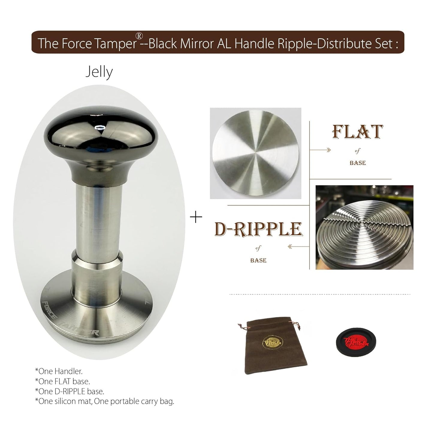 The Force Tamper Automatic Impact Adjustable Constant Pressure and Autoleveling Coffee Tamper Black Mirror Jellyfish AL Handle Set Pro (Ripple-Distribute, 53.00mm)