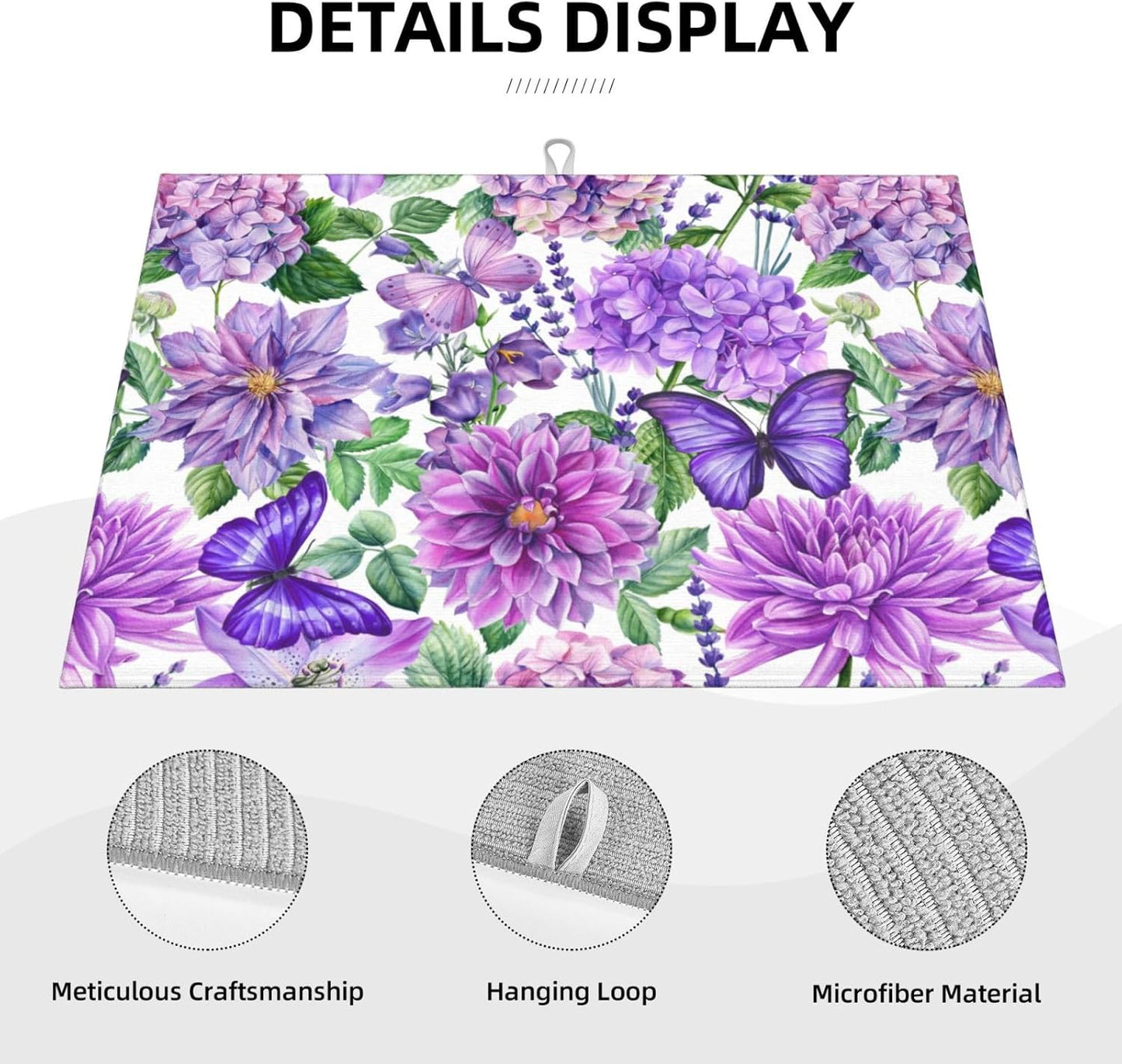 Purple Hydrangea Flowers Dish Drying Mat,Butterfly Floral Drying Rack Pad Countertop Dishes Ultra Absorbent Microfiber Kitchen Counter Mat for Coffee Countertop Decor 18x24 Inch
