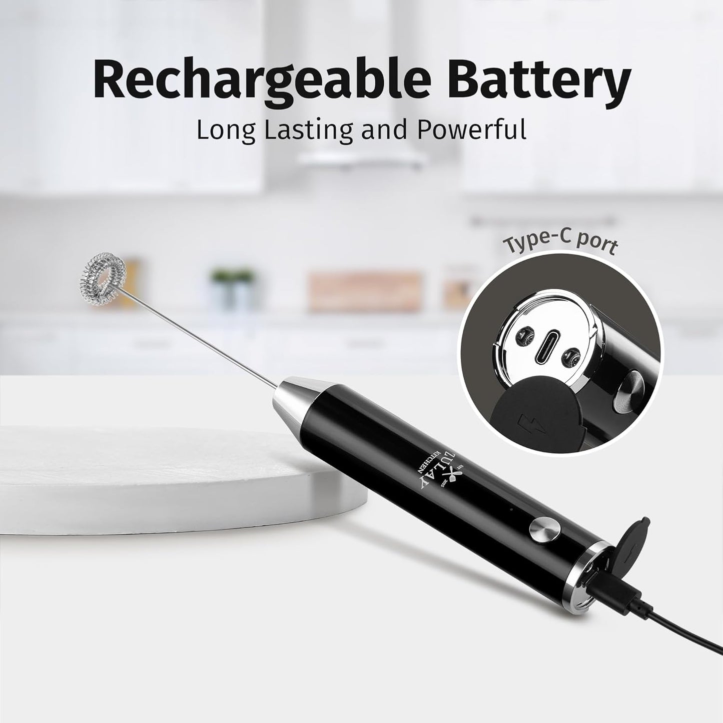 Zulay Kitchen Lux Rechargeable Milk Frother Handheld - Powerful 2-Speed Motor, Fully Waterproof, 2000mAh Battery - Drink Mixer For Latte, Cappuccino, Matcha, Protein Powder - Black
