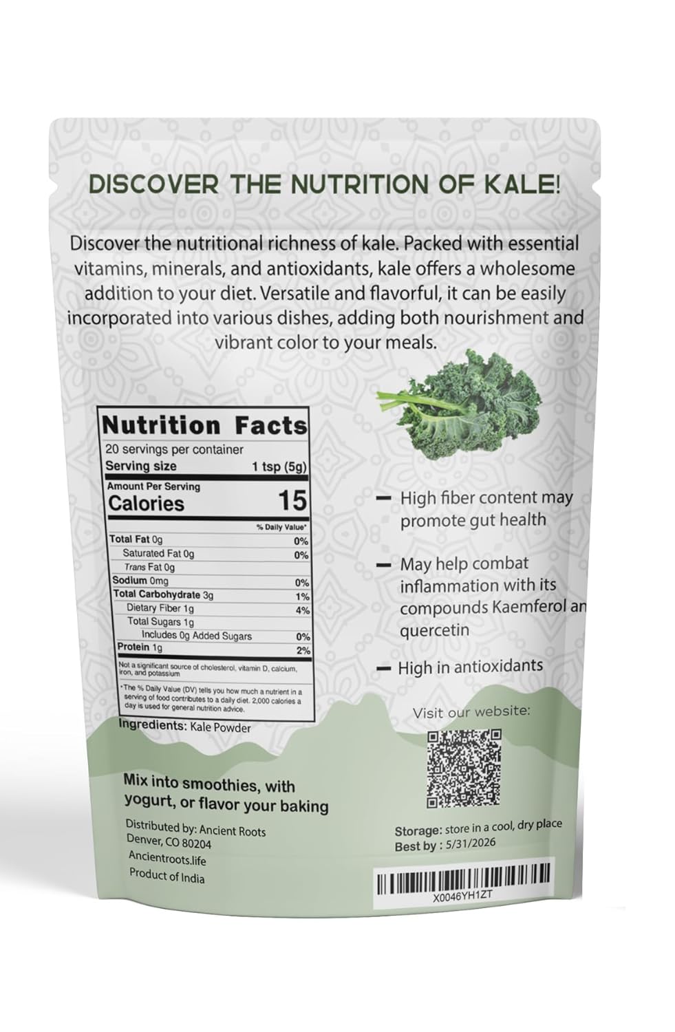 Ancient Roots Kale Powder - All-natural Vegetable Powder, No Sugar Added, No Preservatives, Supports Heart Health, Natural Source of Fiber - 3.5 ounces (20 servings)