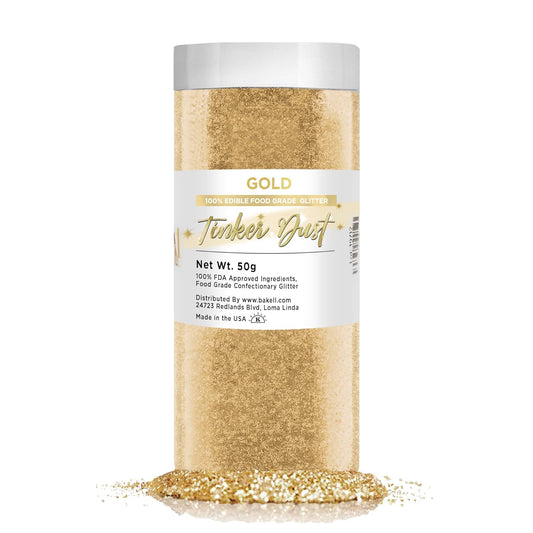 BAKELL Gold Edible Glitter, 50 Grams | TINKER DUST Edible Glitter | KOSHER Certified | 100% Edible Glitter | Cakes, Cupcakes, Cake Pops, Drinks, Dessert Vegan Glitter & Dusts (50g, Gold)
