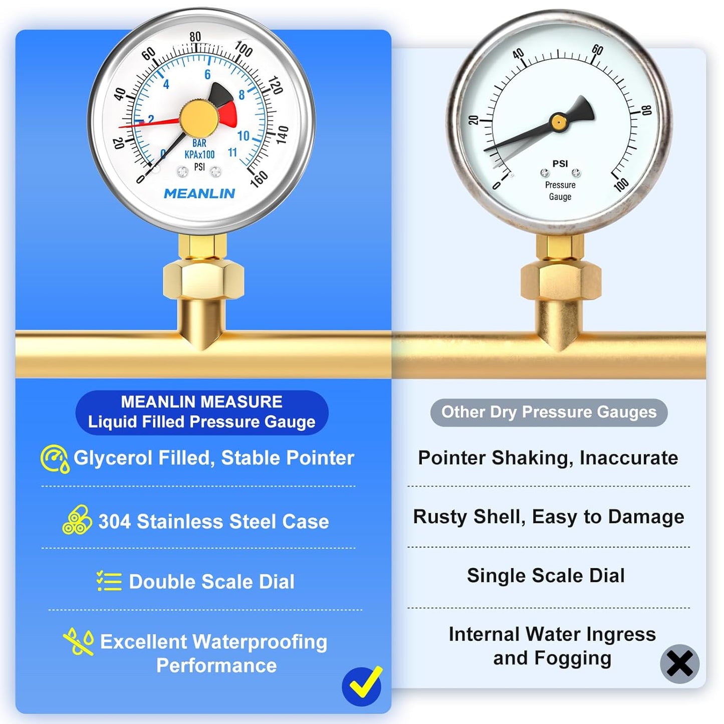 MEANLIN MEASURE 0~160Psi Stainless Steel 1/4" NPT 2.5" FACE DIAL with Reset Pointer Liquid Filled Pressure Gauge WOG Water Oil Air, Lower Mount, with 1/8" x 1/4" NPT and 1/8" x 3/8" NPT Hex Bushing