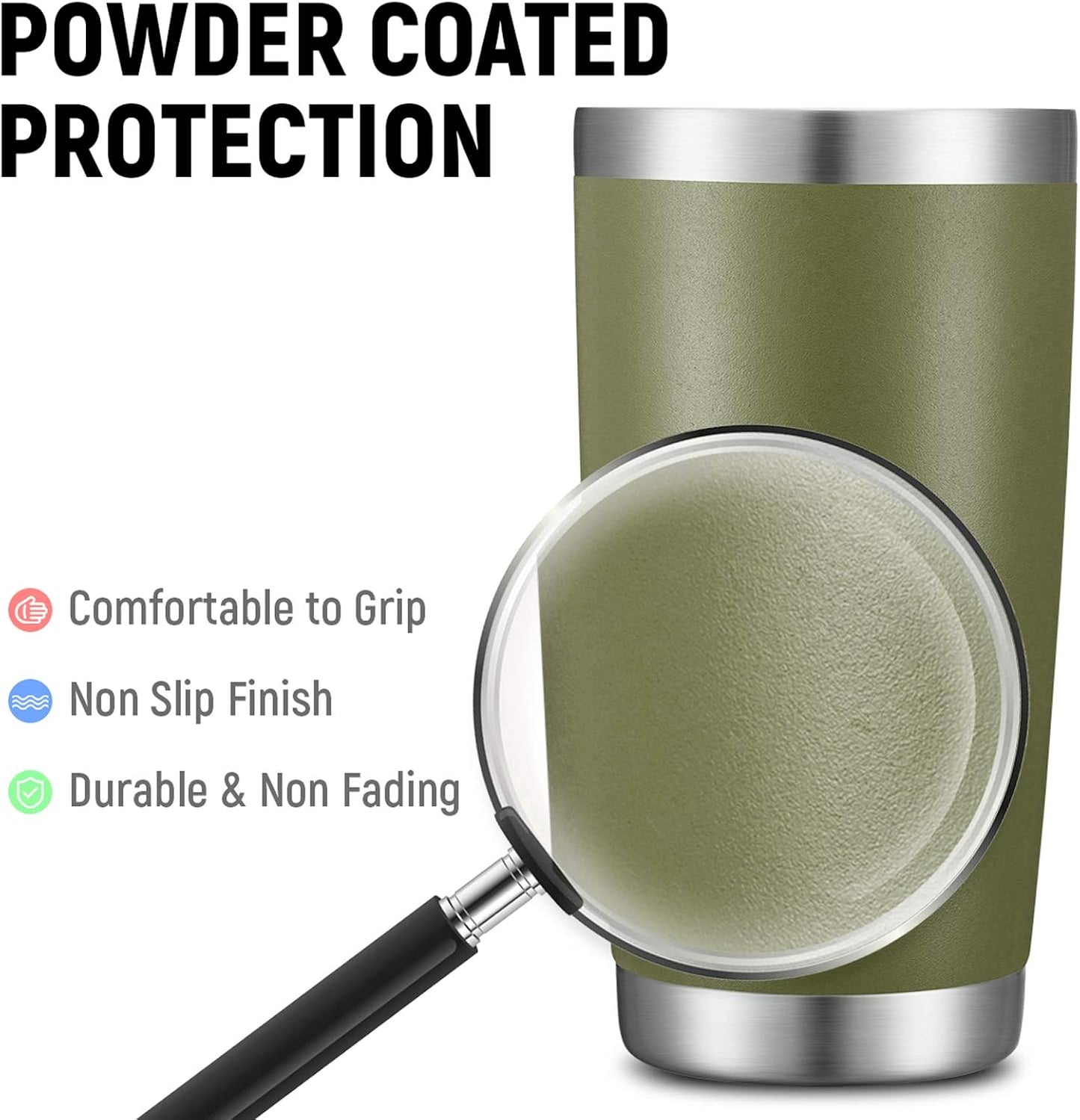 COMOOO 20oz Double Wall Vacuum Insulated Travel Mug, Stainless Steel Tumbler with Lid and Straw Durable Powder Coated Insulated Coffee Cup for Cold & Hot Drinks（Army Green, 6 Pack）