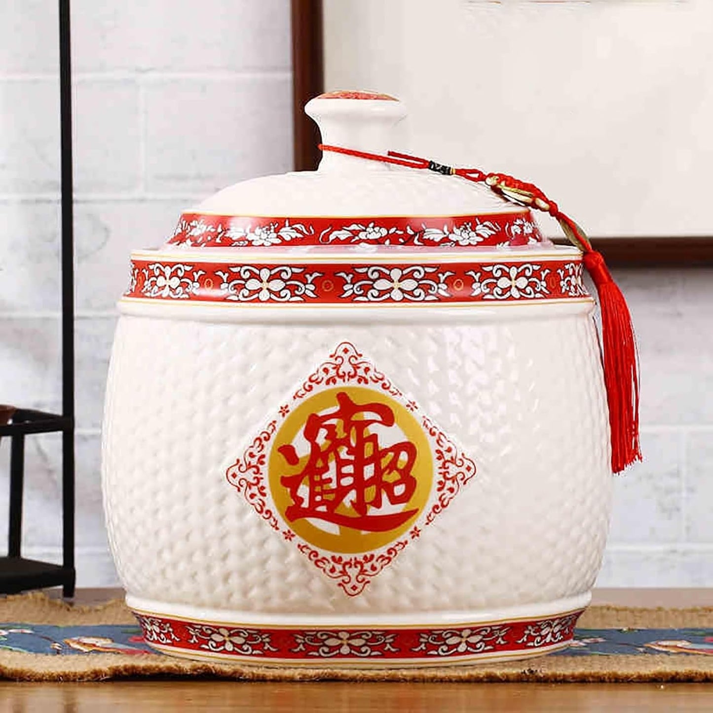 Chinese Sealed Large-Capacity Rice Pot, Ceramic Rice Bucket With Tassel Design, Grain Storage Ceramic Container, Rice Dispenser Airtight Storage Bucket For Grains Snacks Candy Coffee Beans Food(A,Capa