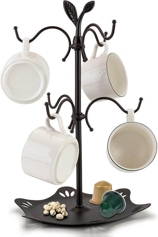 Coffee Mug Holder for Large Mugs, Mug Tree for Counter, Cup Holder for Countertop, Mug Rack with Tray, Metal Mug Tree with 6 Hooks, Coffee Counter Bar Accessory & Kitchen Home Organizer