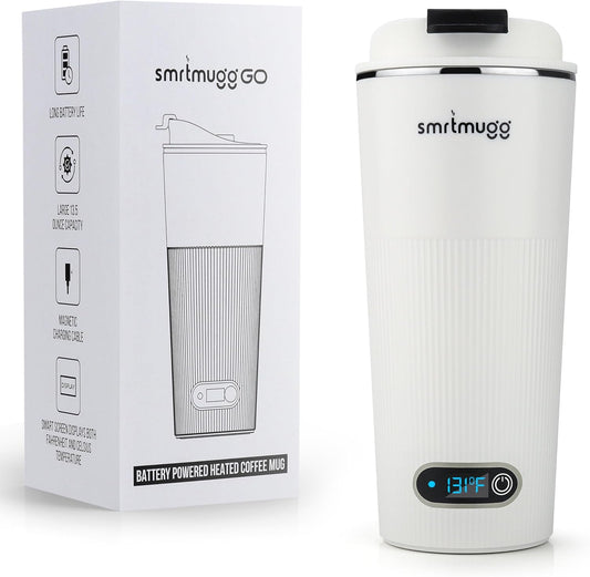 GO Heated Coffee Mug, Travel Mug, 13.5 OZ. Smart Mug, Battery Powered Heated Coffee Mug, Great for Coffee and Tea, Snap on Magnetic Charging Cord, New and Improved (White)