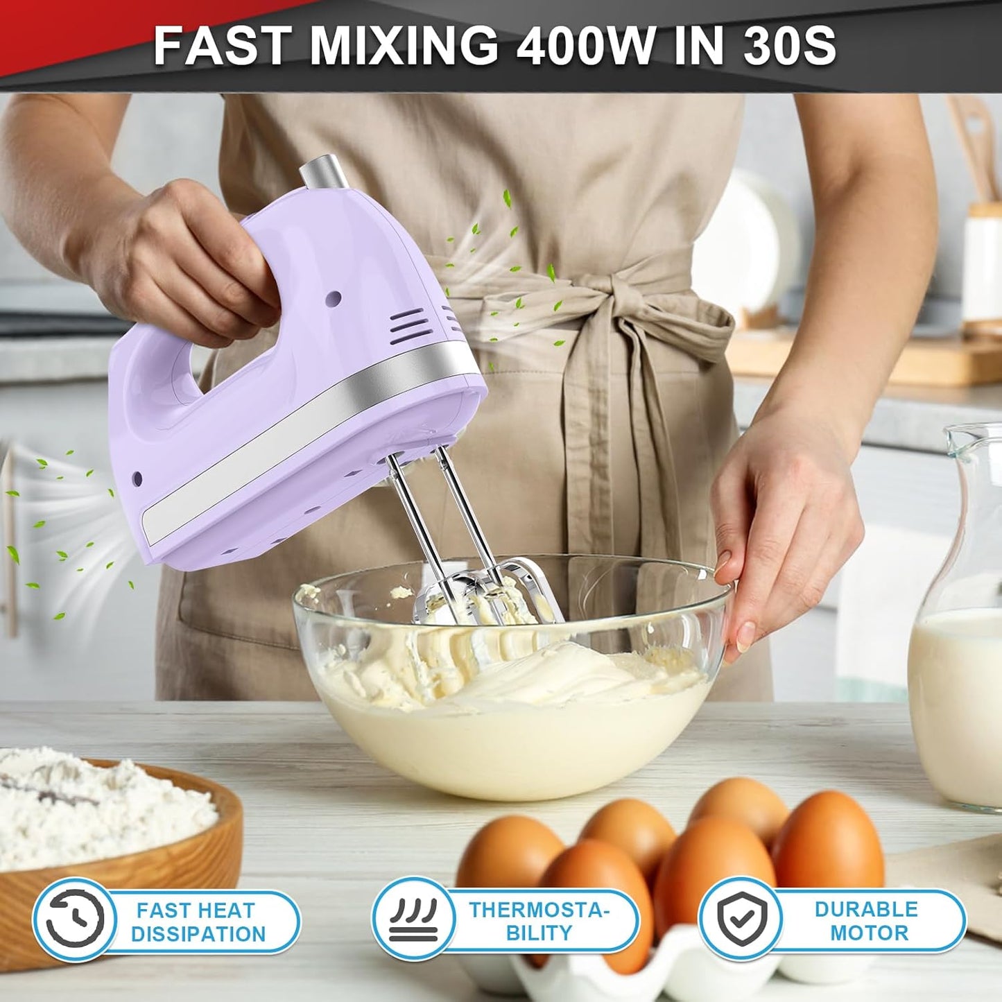 Lord Eagle Hand Mixer Electric 400W, 5 Speed handheld Mixer, 5 Stainless Steel Accessories for Baking Cake Egg Cream Food Beater, Turbo Boost/Self-Control Speed + Eject Button