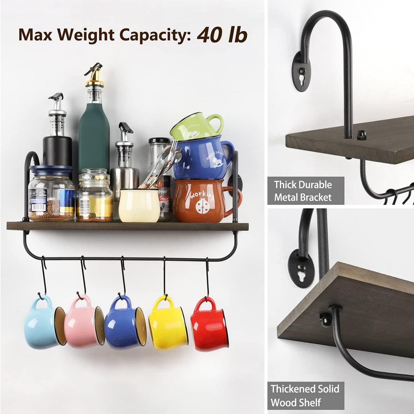 Olakee Floating Wall Shelves for Bathroom Kitchen Coffee Nook with 10 Adjustable Hooks for Mugs Cooking Utensils or Towel Rustic Storage Shelves Set of 2/17x5.9 inch (Weathered Grey)