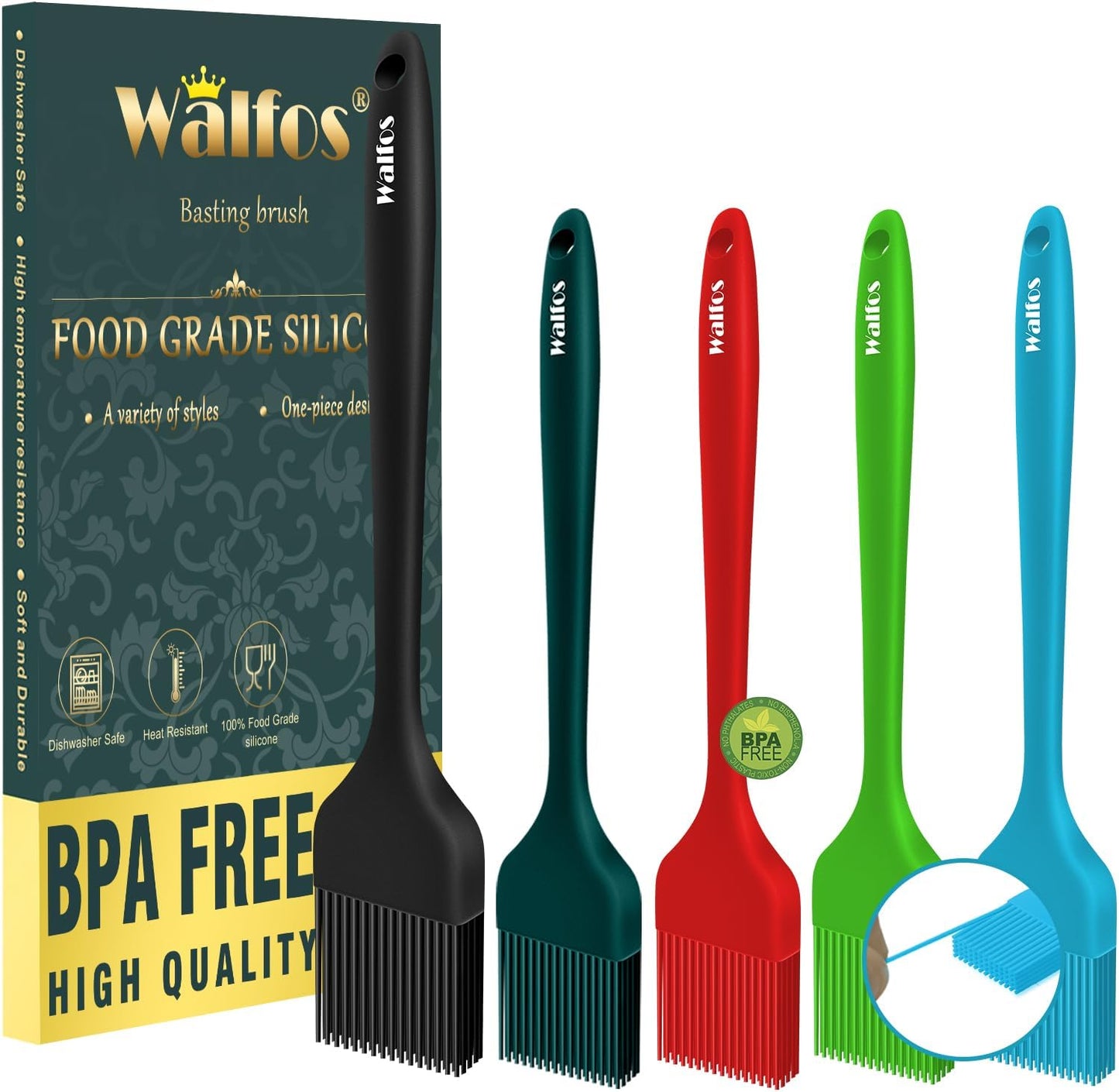 Walfos Silicone Basting Brush Set, 5 Pieces Heat Resistant Pastry Brush, Perfect for Baking,BBQ Grill,Kitchen Cooking,Strong Steel Core and One-Pieces Design,BPA Free and Dishwasher Safe