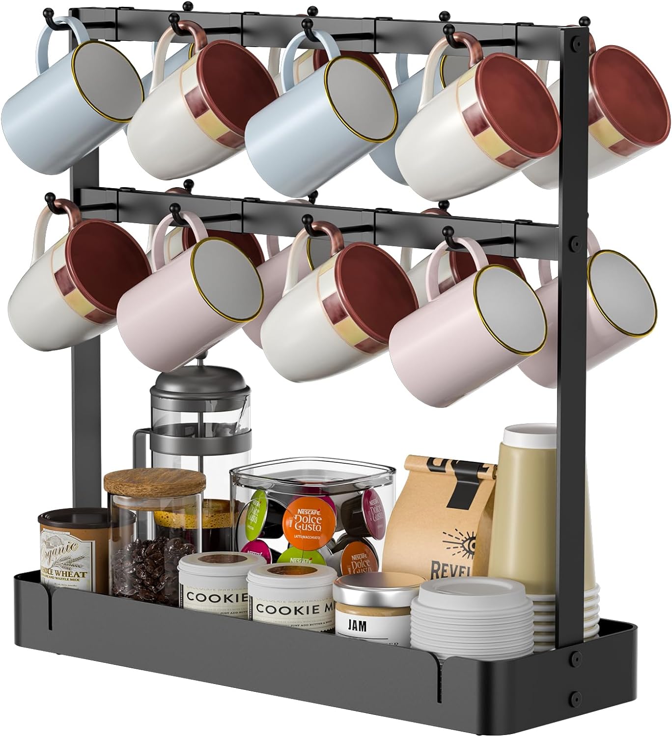 RCHYFEED Countertop Coffee Cup Holder, Aluminum Alloy Mug Holder Organizer with 16 Movable Hooks, 2 Tier Mug Tree Stand Rack with Storage Basket for K Cup Coffee Bar Kitchen