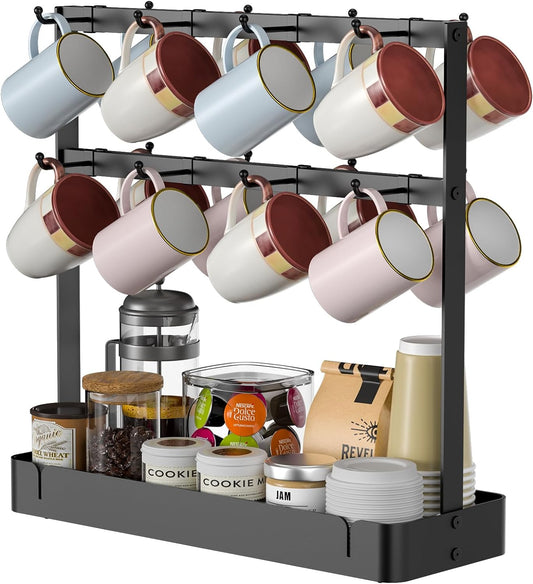 RCHYFEED Countertop Coffee Cup Holder, Aluminum Alloy Mug Holder Organizer with 16 Movable Hooks, 2 Tier Mug Tree Stand Rack with Storage Basket for K Cup Coffee Bar Kitchen