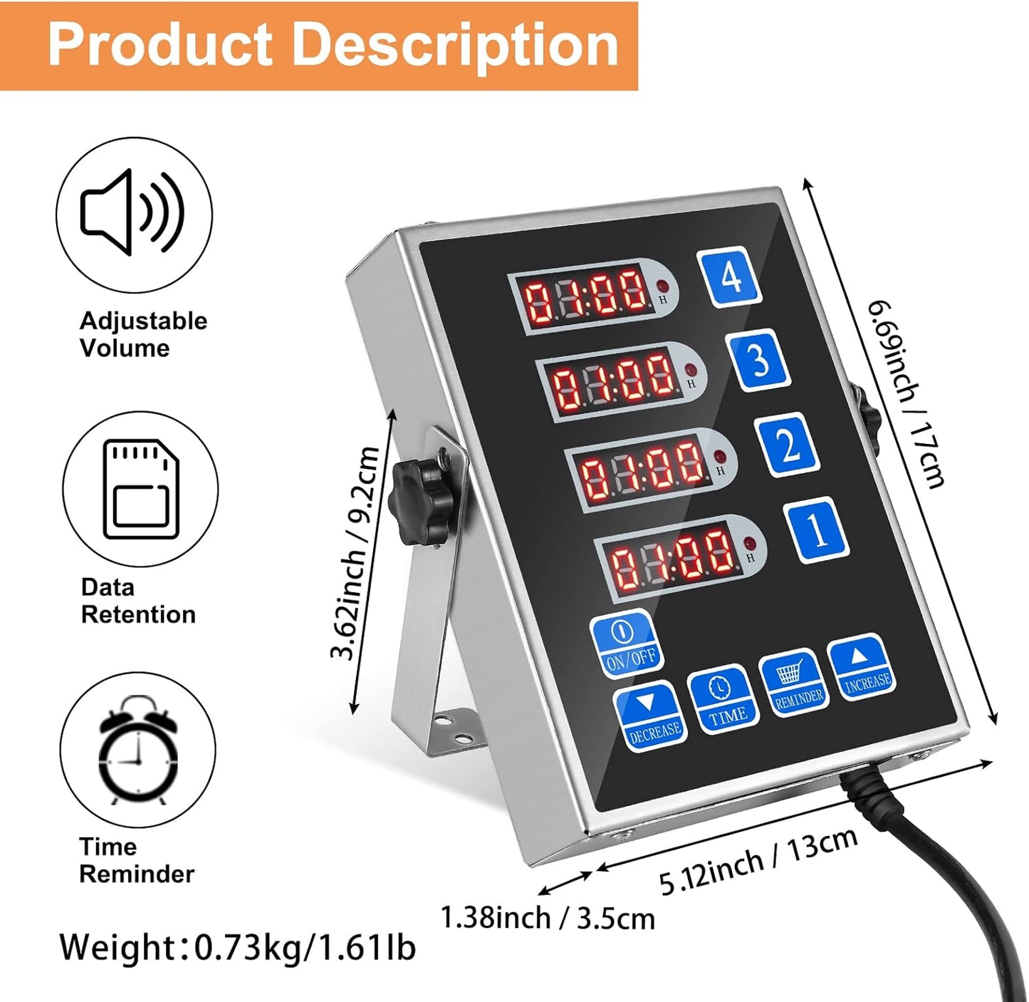 Kitchen Timers for Cooking – 4 Channel Commercial Kitchen Timer Restaurant Kitchen Supplies – Stainless Steel LED Technology Kitchen Timer Digital – Reminder Function, Loud Alarm, Black