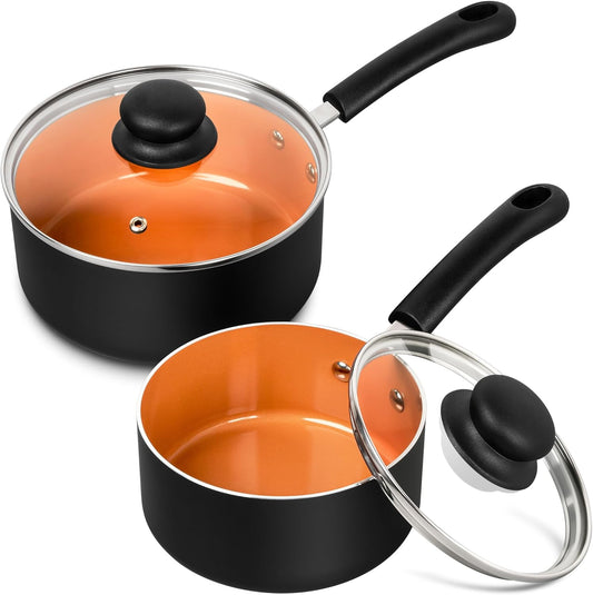 MICHELANGELO Nonstick Sauce Pan With Lid, 1QT&2QT Ceramic Saucepan, Copper Saucepans,PFAS-FREE Pot Set,Small Pots For Cooking,Multipurpose Cooking Pots Set For Home Kitchen,Dishwasher Safe
