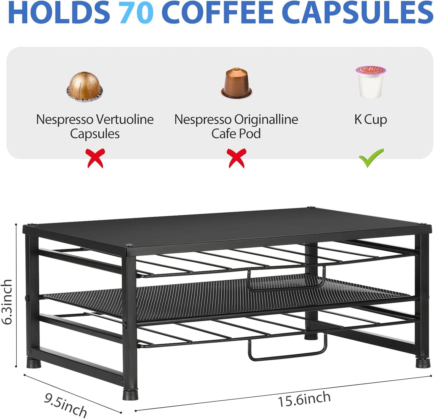 K Cup Holder Organizer for 70 Pods, 2-Tier Coffee Pod Holder for K-Cup with 2 Sliding Storage Drawers, Coffee Station Bar Organizer for Kitchen Countertop, Home & Office, Frosted Black
