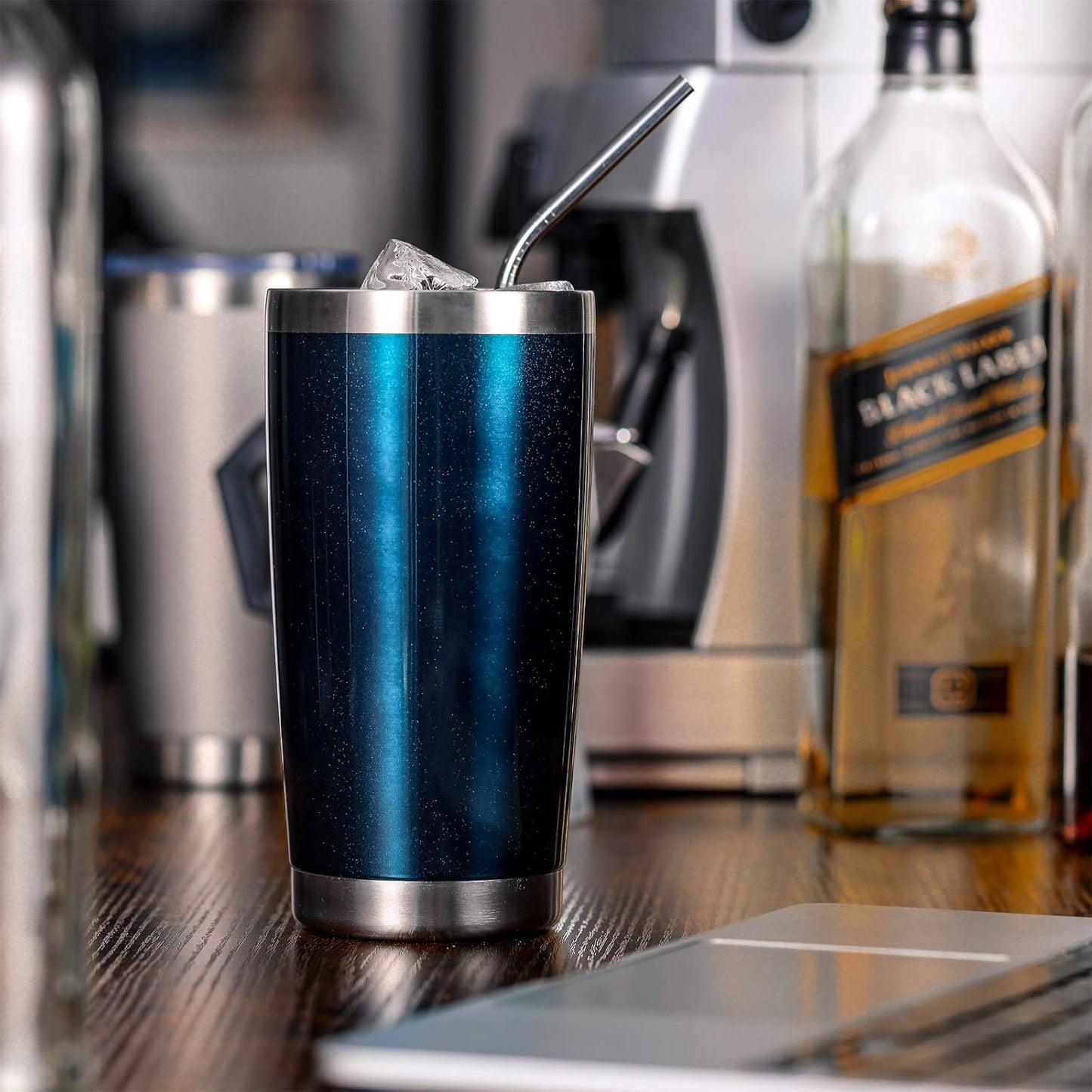 COMOOO 20oz Double Wall Vacuum Insulated Travel Mug, Stainless Steel Tumbler with Lid and Straw Durable Powder Coated Insulated Coffee Cup for Cold & Hot Drinks (Peacock blue, 1)