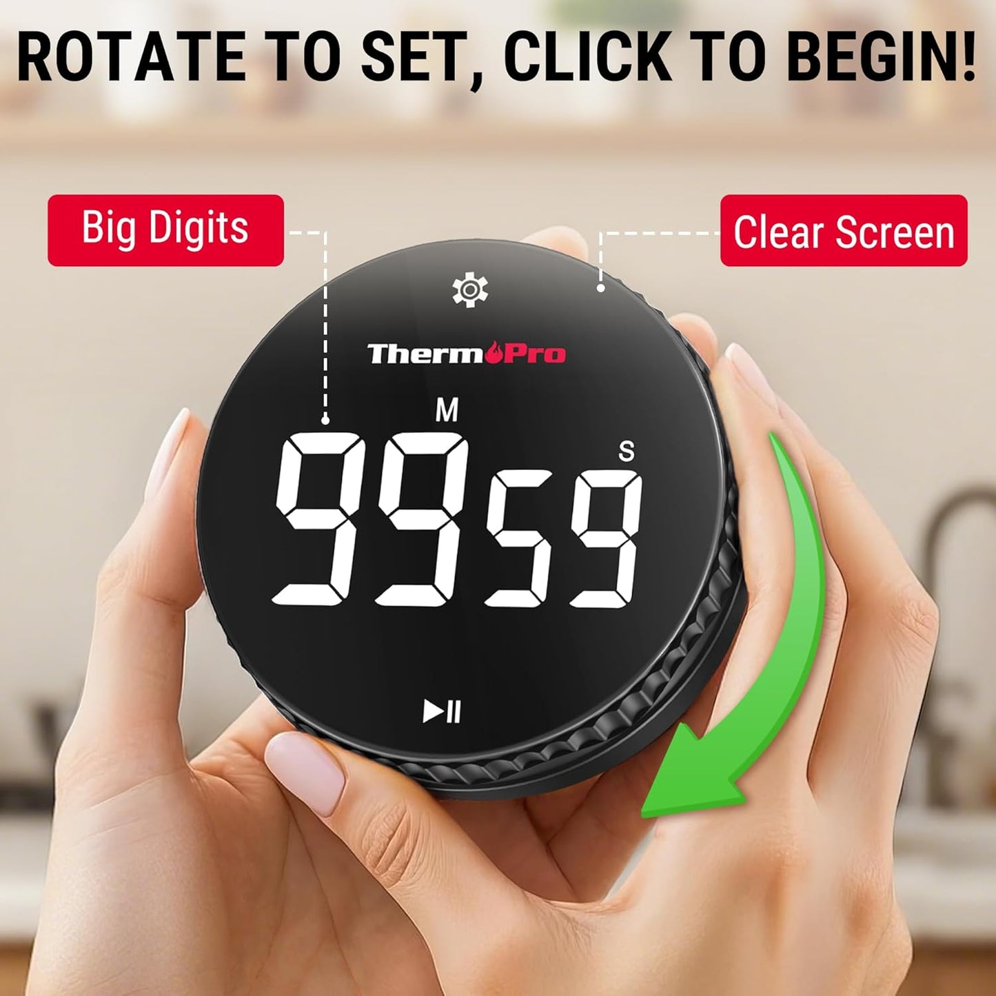 ThermoPro 99-Hour Digital Kitchen Timer with Strong Magnetic & Stable Stand, Classroom Timers with 3-Volume-Level, Stopwatch with Large LED Display, Digital Timers for Classroom, Office & Gym(Black)
