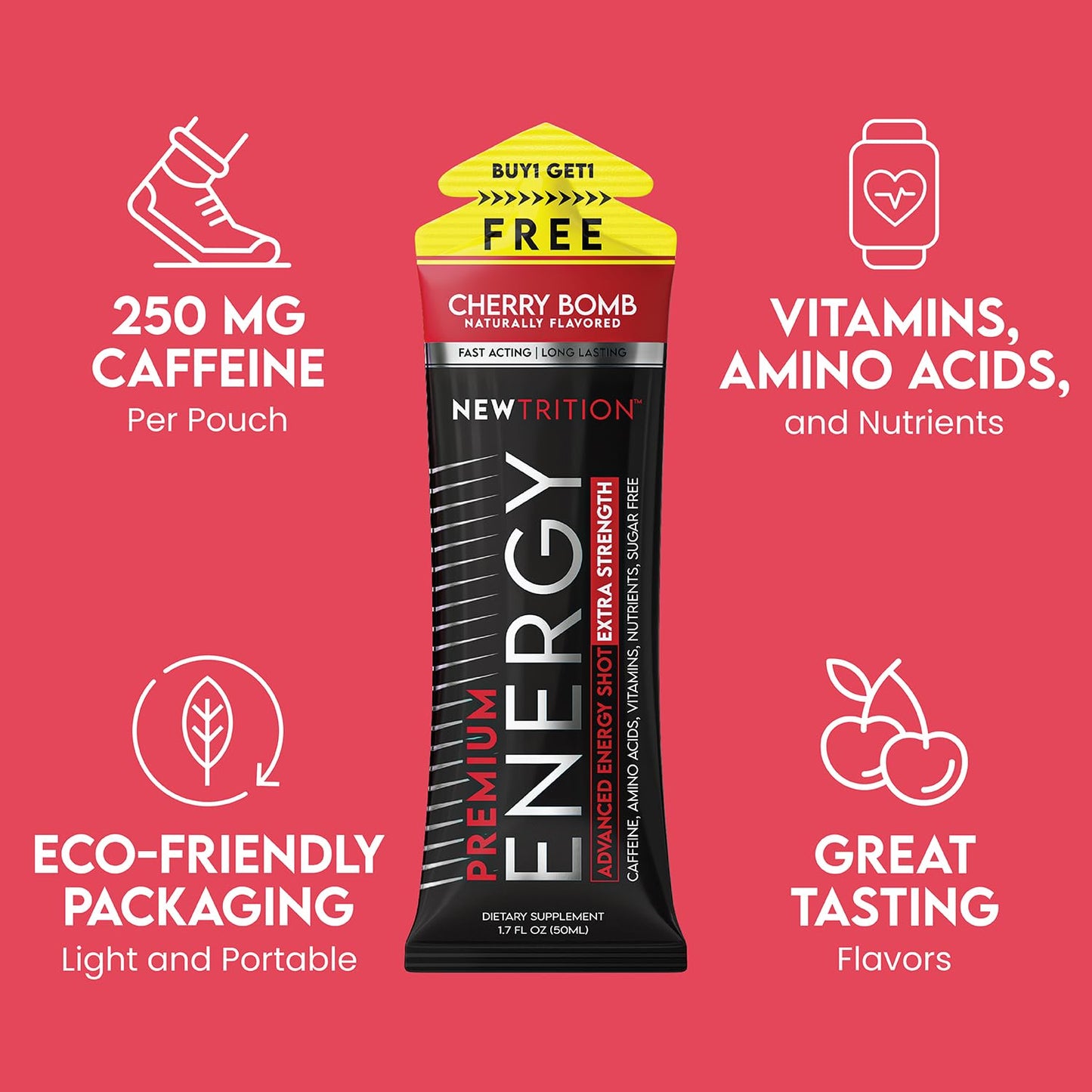 NewTrition® Extra Strength Energy Shots, 250mg Caffeine Energy Shots with Vitamin B & Amino Acids, Sugar-Free Vitamin Energy Shot, 1.7 fl oz (Pack of 12, Cherry Bomb)