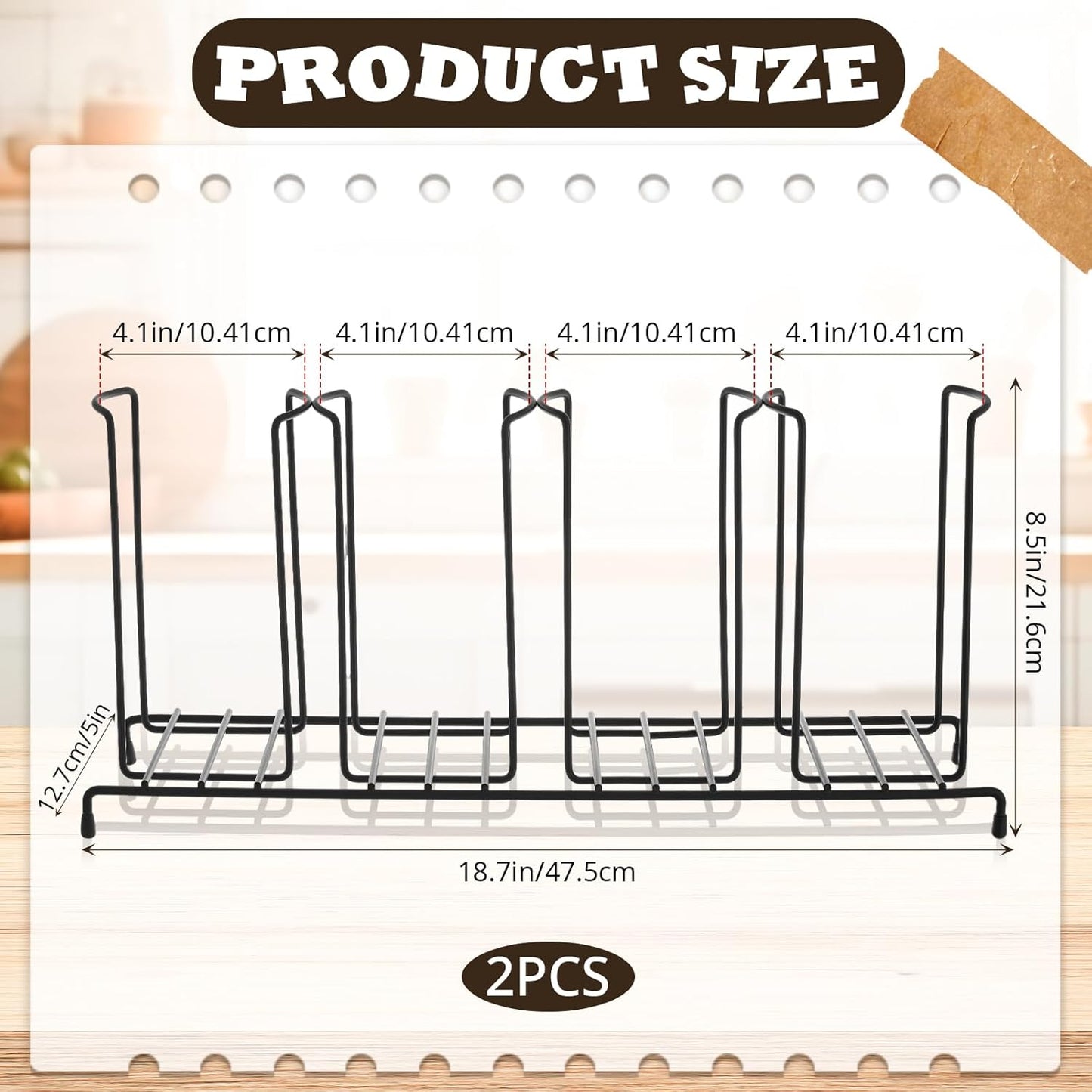 Maxdot 2 Pcs Coffee Cup Organizers 23 x 5 x 8.5 Inch Wire Rack Coffee Cup and Lid Holder Black Iron Lid Dispenser Countertops Organizer for Kitchen Storage Essentials (4 Section)