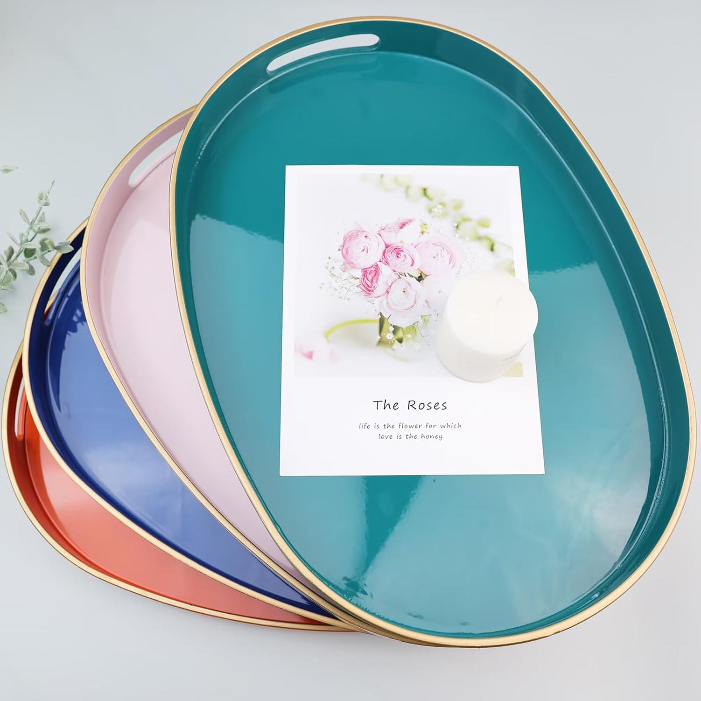 Pink Oval Decorative Tray with Handles, Versatile Serving Tray for Coffee Table, Ottoman, Ideal for Serving, Displaying, Organizing, 15.3"*10.6"*1.37"