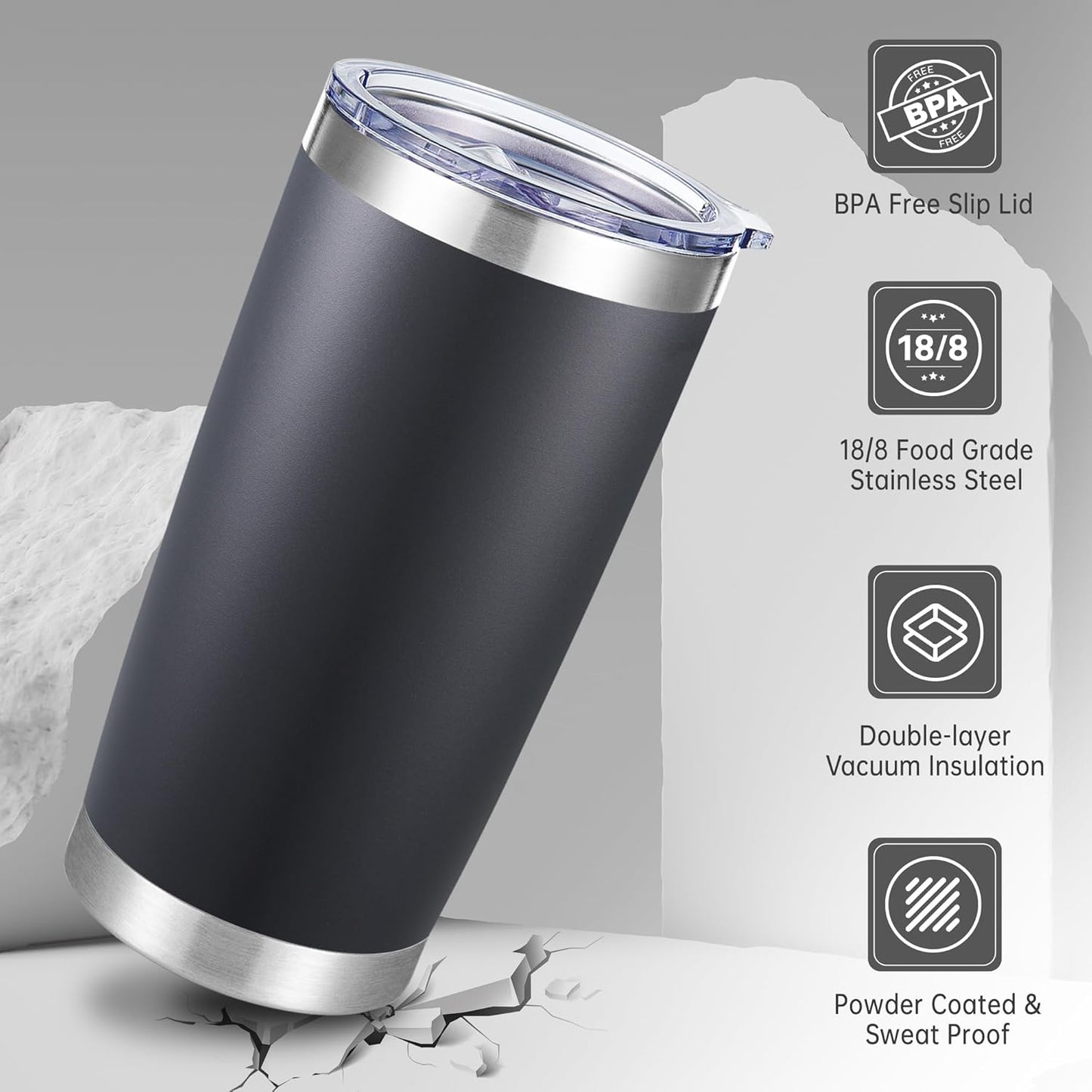 20 oz Tumblers Bulk Stainless Steel Tumbler with Lid Double Wall Vacuum Insulated Coffee Mug 20oz Powder Coated Cup for Hot and Cold Drinks, Black, 6 pack
