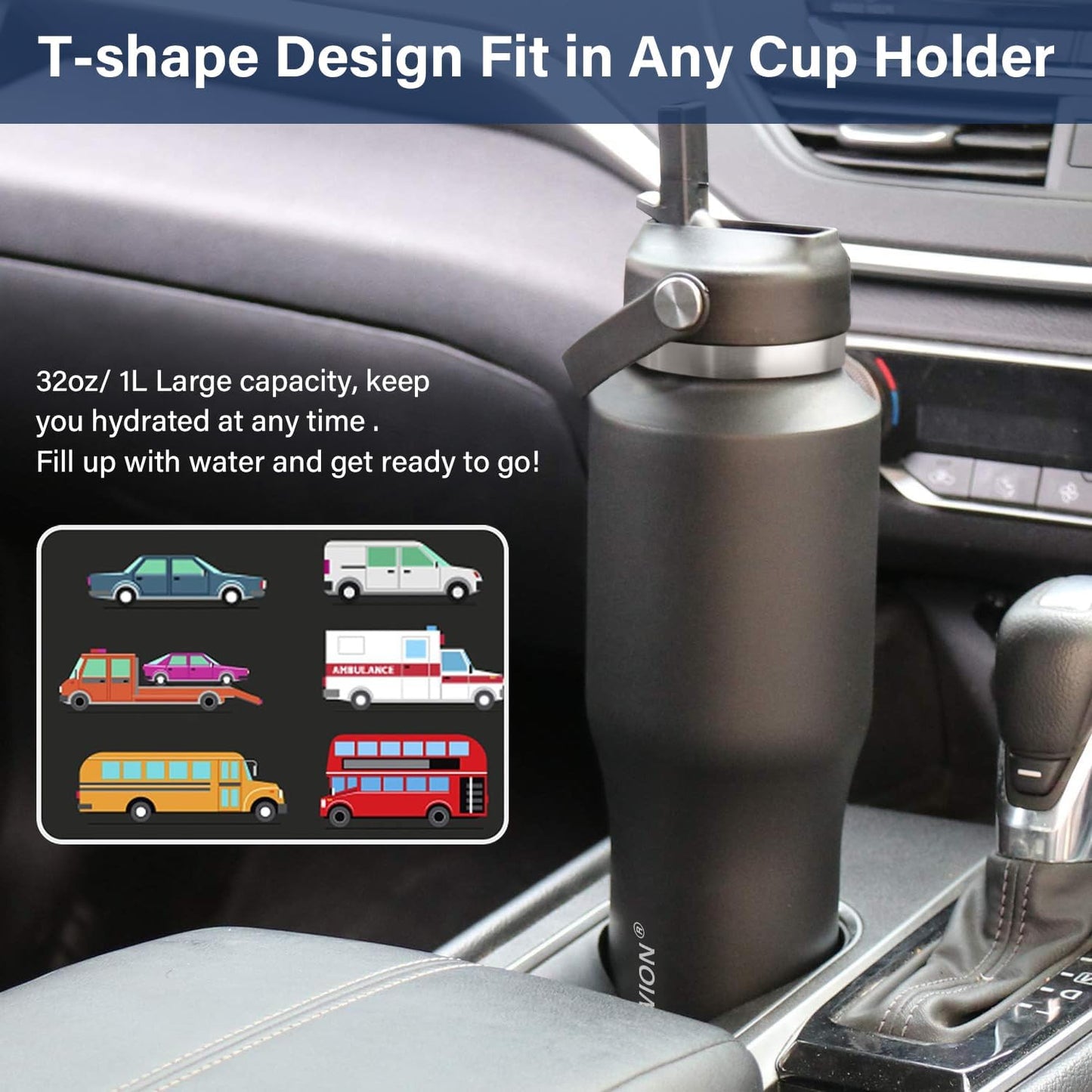 HYDROWION 40 oz Insulated Water Bottle with Straw fit in Car Cup Holder(Cold 48 hrs, Hot 24 hrs) Drinking Bottle with Straw Lid, Spout Lid and Flex Cap Leakproof Travel Thermo Mug，Red