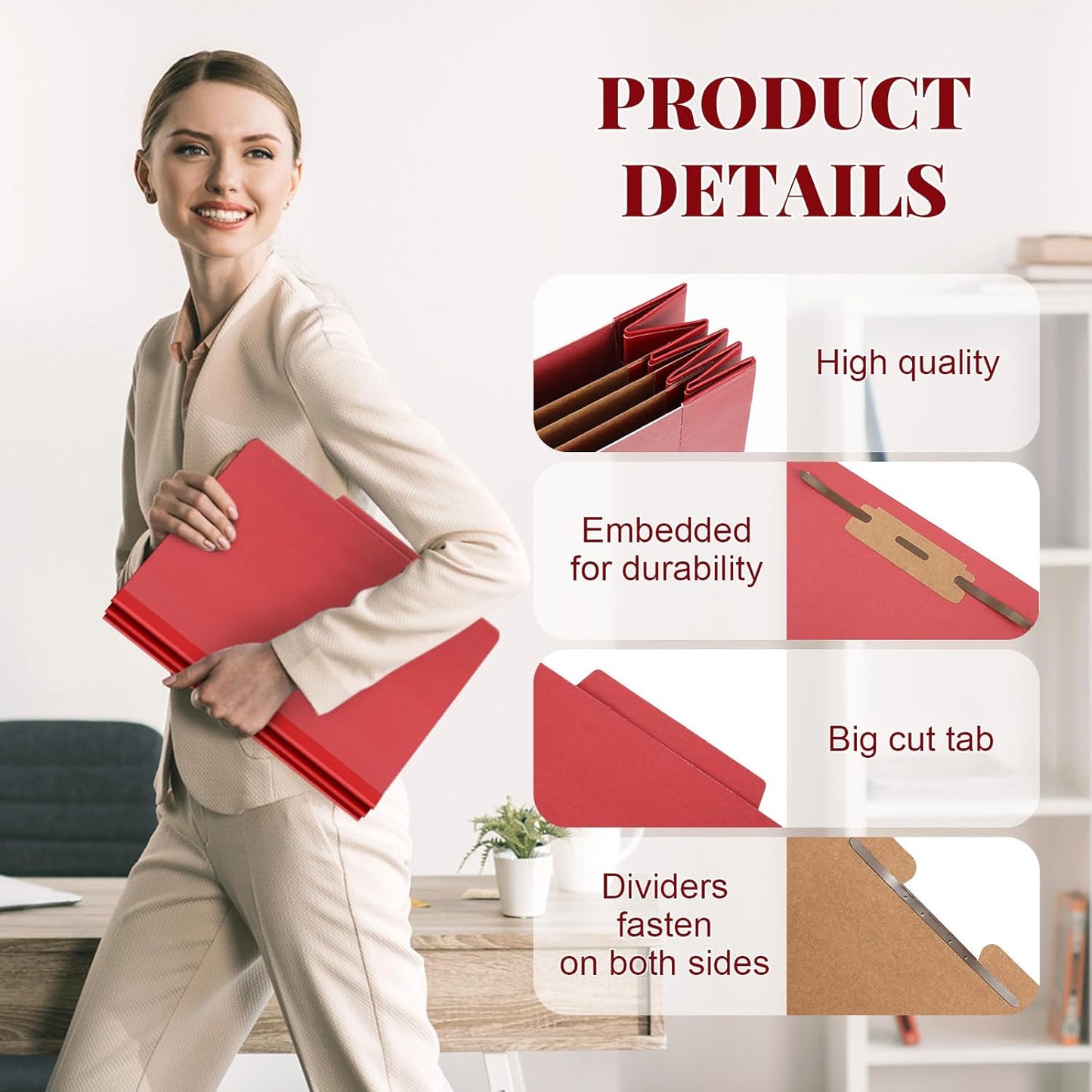 60 Pcs Classification Folders Letter Size, Back to School Supply for Teacher, Student, 3 Dividers Pressboard File Folder Bulk with 2 Fasteners, 3.5 Inch Expanding File Organizer (Red)
