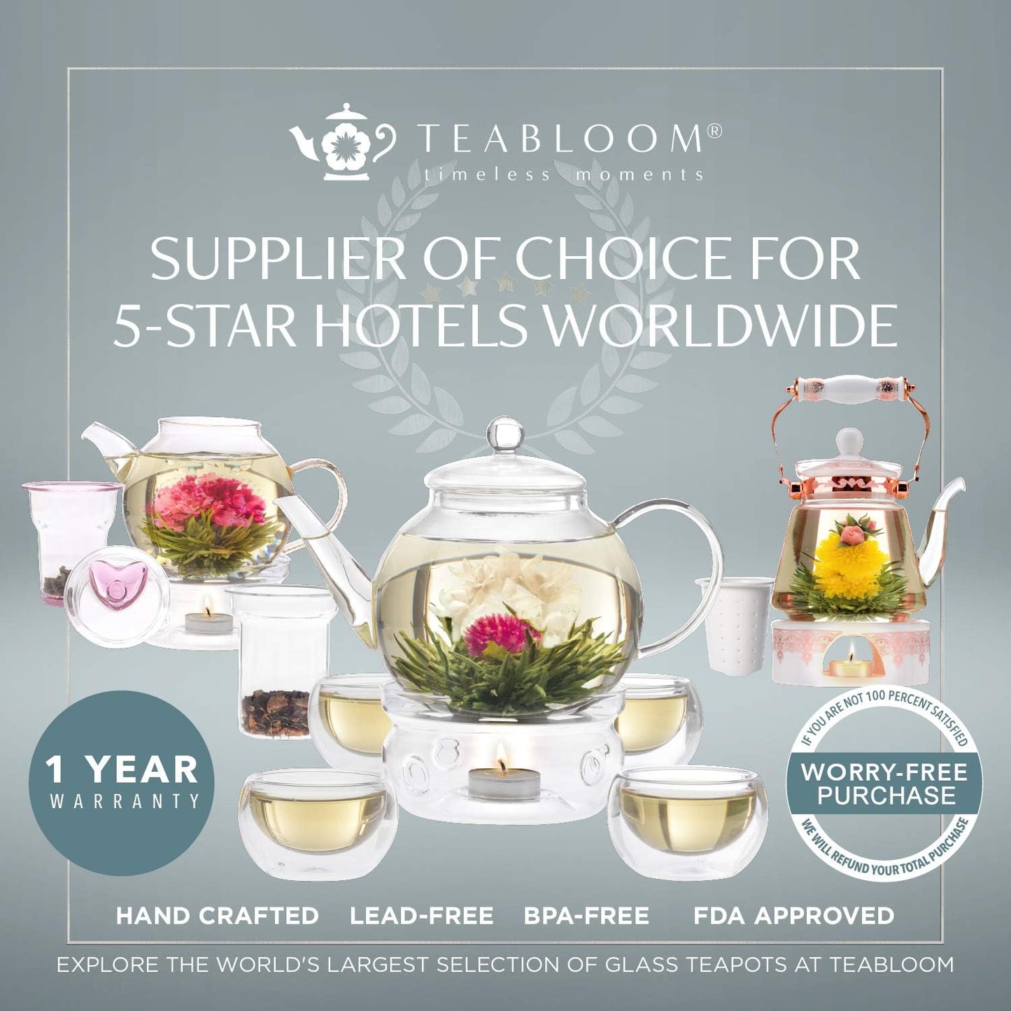 Teabloom Grand Bouquet Borosilicate Glass Tea Set for Six – Elegant 50oz Teapot with Microdot Infuser & Six 8oz Teacups – A Pure & Immersive Tea Experience – Tea Purist's Choice