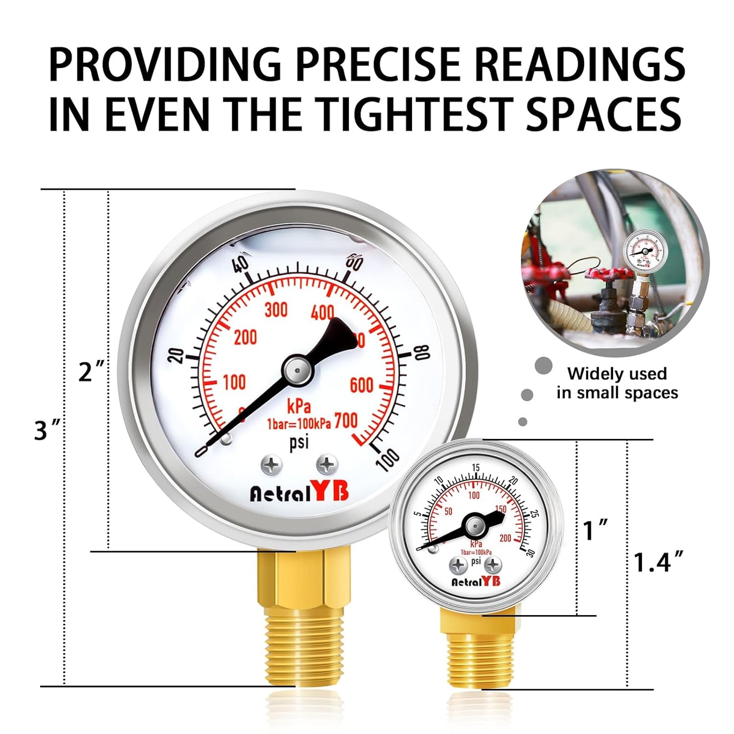 1-Inch Mini Pressure Gauge, 0-30 PSI / 0-200 kPa, Compact Dual-Scale Gauge, 1/8” NPT Bottom Mount, Stainless Steel Case for Coffee Machines, Airbrush Systems, Sprayers, and Pneumatic Tools