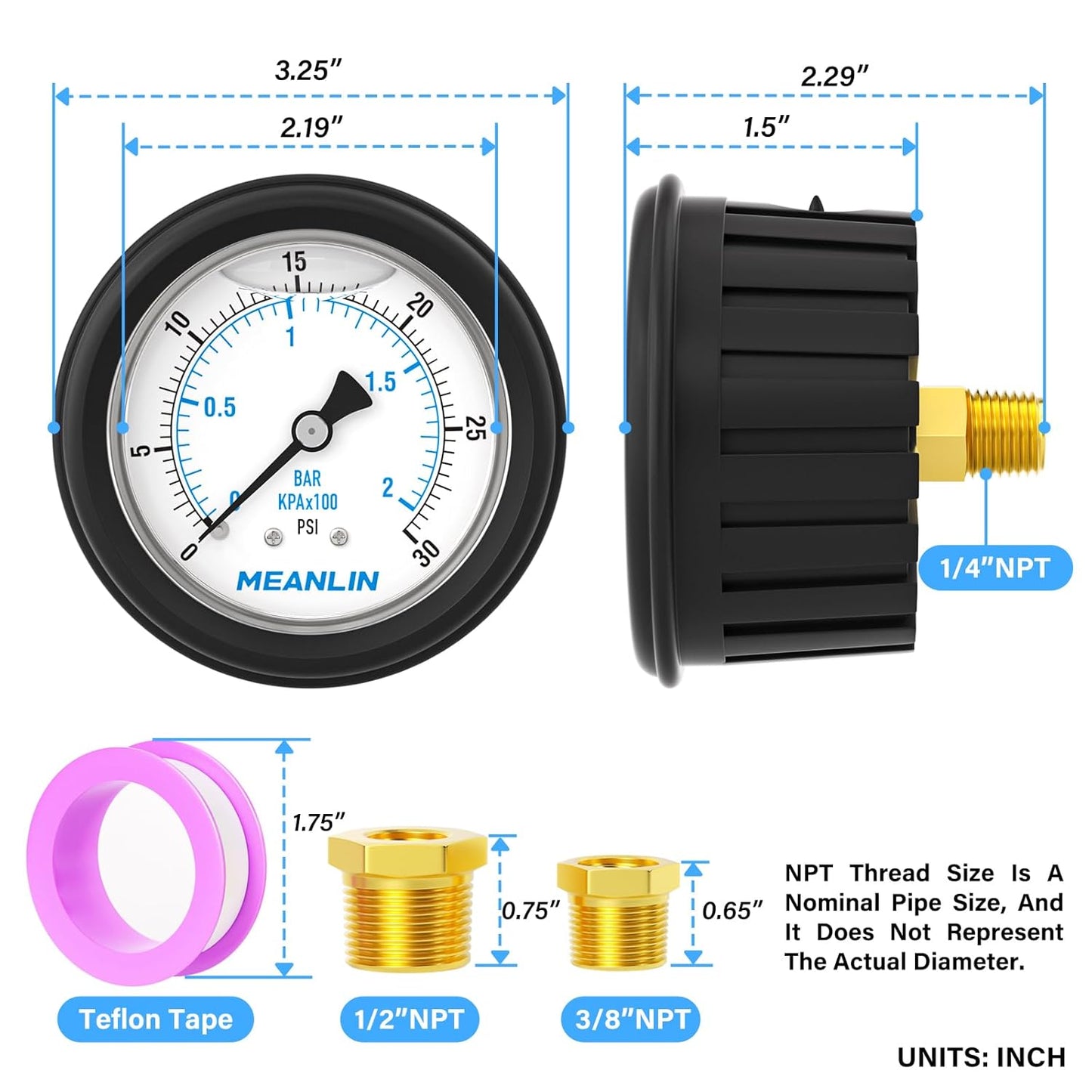 MEANLIN MEASURE 0~30Psi Stainless Steel 1/4" NPT 2.5" FACE DIAL Liquid Filled Pressure Gauge, Center Back Mount (with Rubber Protective Sleeve), with 1/2" NPT and 3/8" NPT Hex Bushing