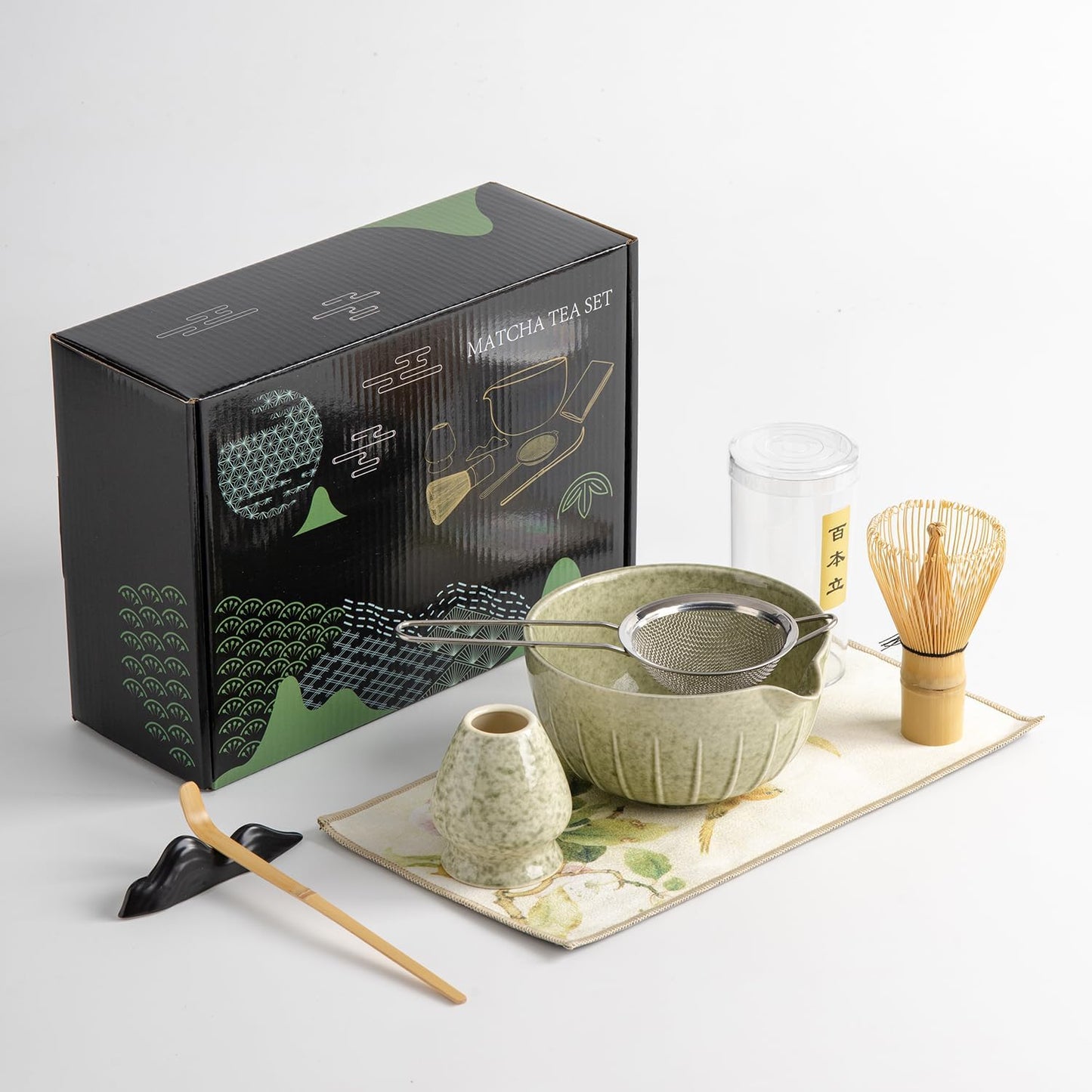 Japanese Matcha Ceremony Accessory, Matcha Whisk, Traditional Scoop (Chashaku), Tea Spoon, Whisk Holder, 1 tea bowl, 1 tea siev, The Perfect Set to Prepare a Traditional Cup of Matcha. (waitu001)