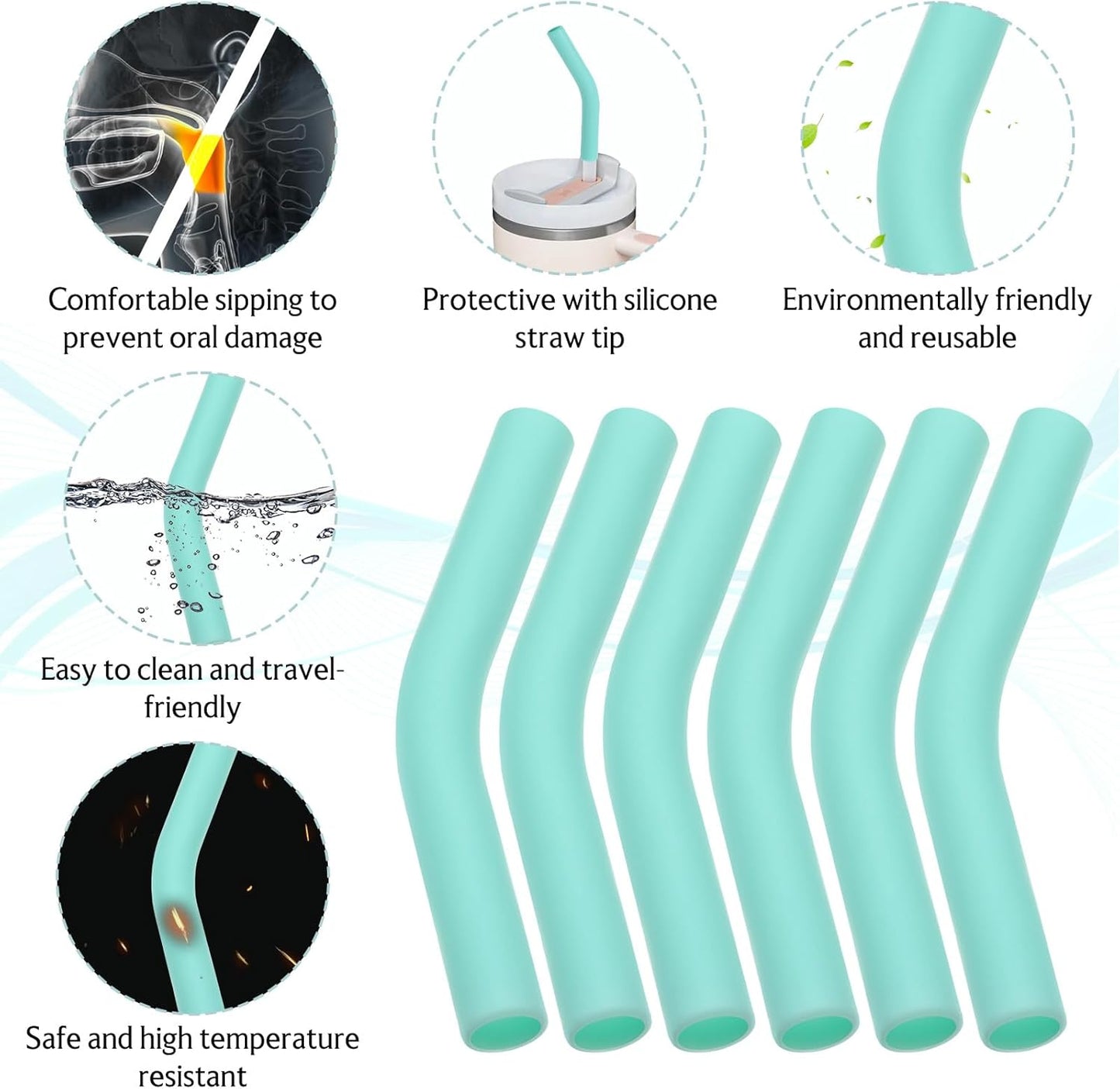 6Pcs Silicone Straw Tips, 5/16 In (8mm) Wide Metal Straw Silicone Tips Flex Elbows Rubber Straws Covers for Stainless Steel Straws (Green)