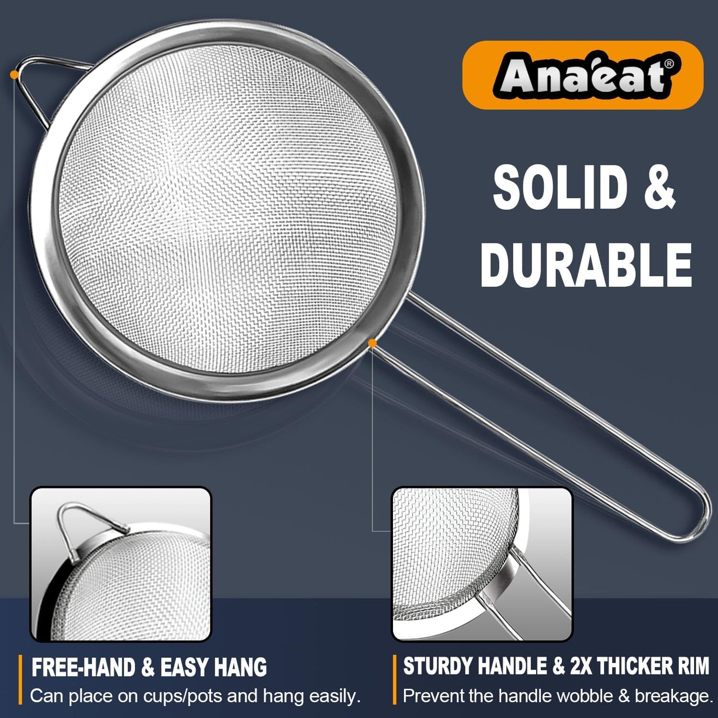 Anaeat Fine Mesh Strainers - Premium Stainless Steel Colander Sieve Sifters, with Durable Mesh and Sturdy Handle, Excellent for Sifting Dry ingredients, Flour, Pastas, Rice, Tea (2.8"+4.73"+7.09")