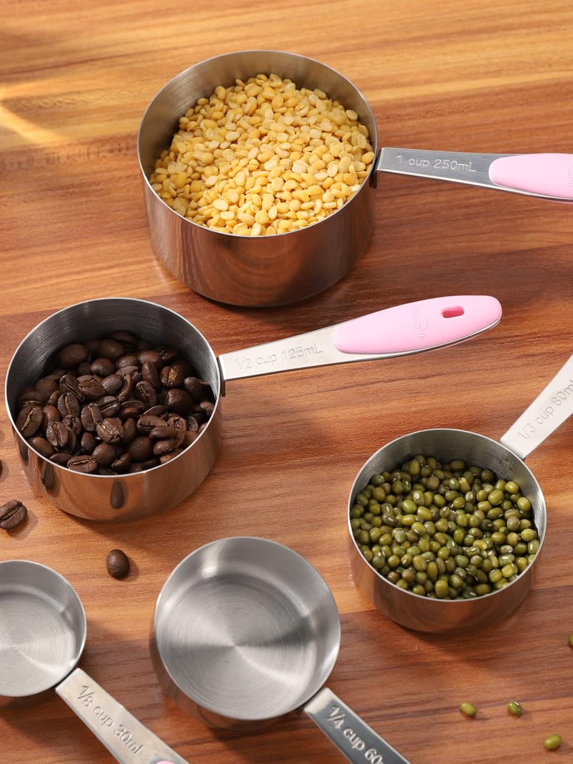 Joyhill Stainless Steel Measuring Cups and Spoons Set of 10 Piece, Nesting Metal Measuring Cups Set with Soft Touch Silicone Handles for Dry and Liquid Ingredients, Cooking & Baking (Pink)