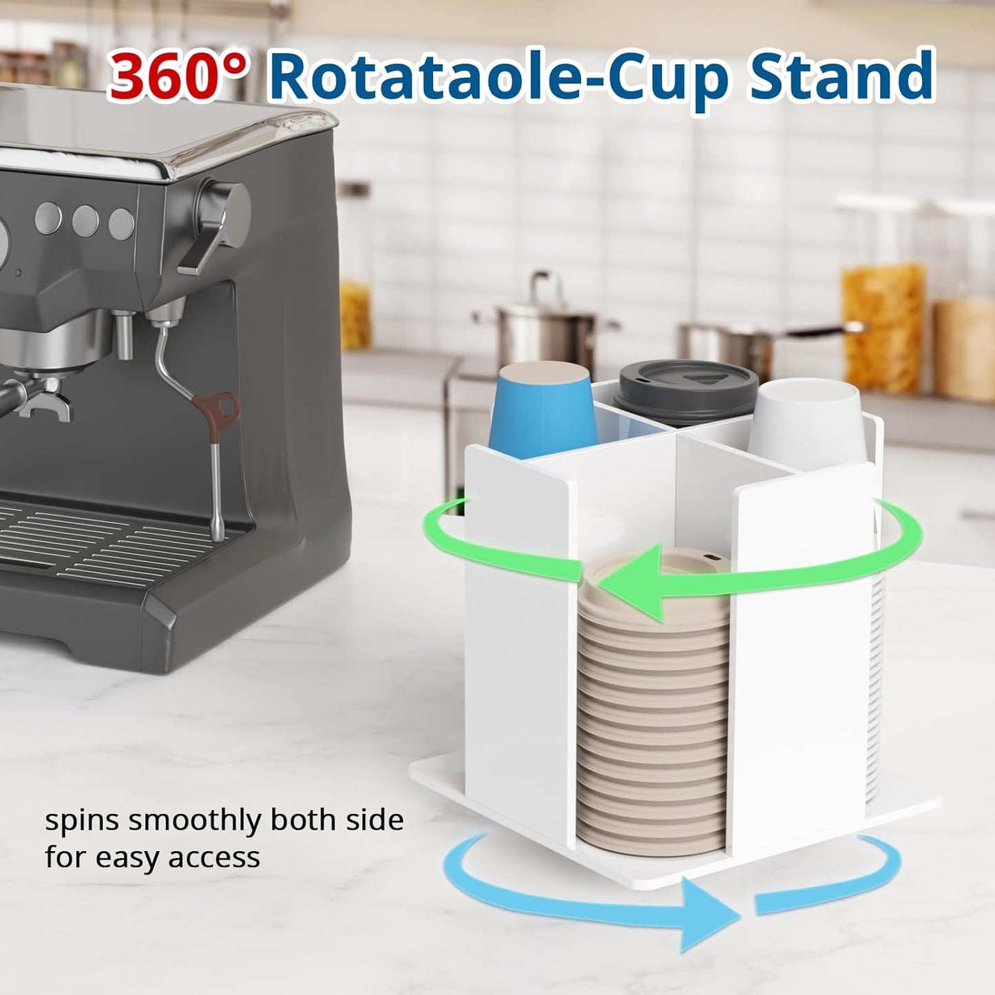 Cup and Lid Holder, 4 Compartment, Square | Rotating Coffee Cup Dispenser Lid Carousel for Restaurant, Buffet, Coffee Station, Bar, Countertop, White Acrylic