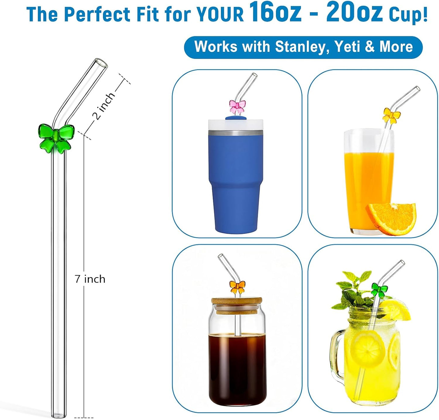 Cute Glass Straws with Charms, Bent 8mm 9in Clear Borosilicate Reusable Drinking Straws with Handmade Colored Bows for Cocktail, Iced Coffee, Tumbler, Mason Jars, Party & Gift Set with Case and Brush
