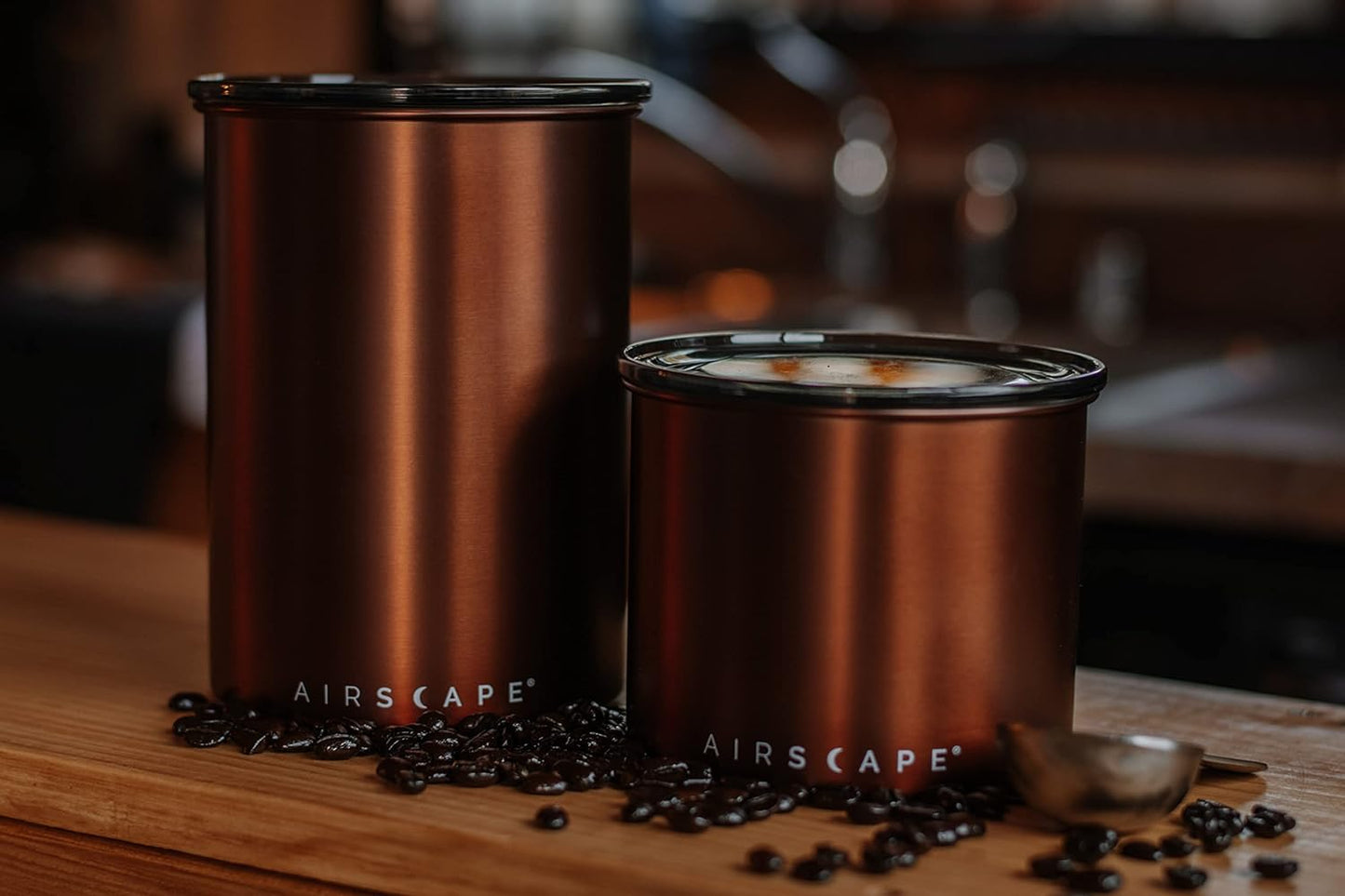 Planetary Design Airscape Stainless Steel Coffee Canister | Food Storage Container | US Patented Airtight Lid | Push Out Excess Air Preserve Food Freshness (Small, Brushed Copper)