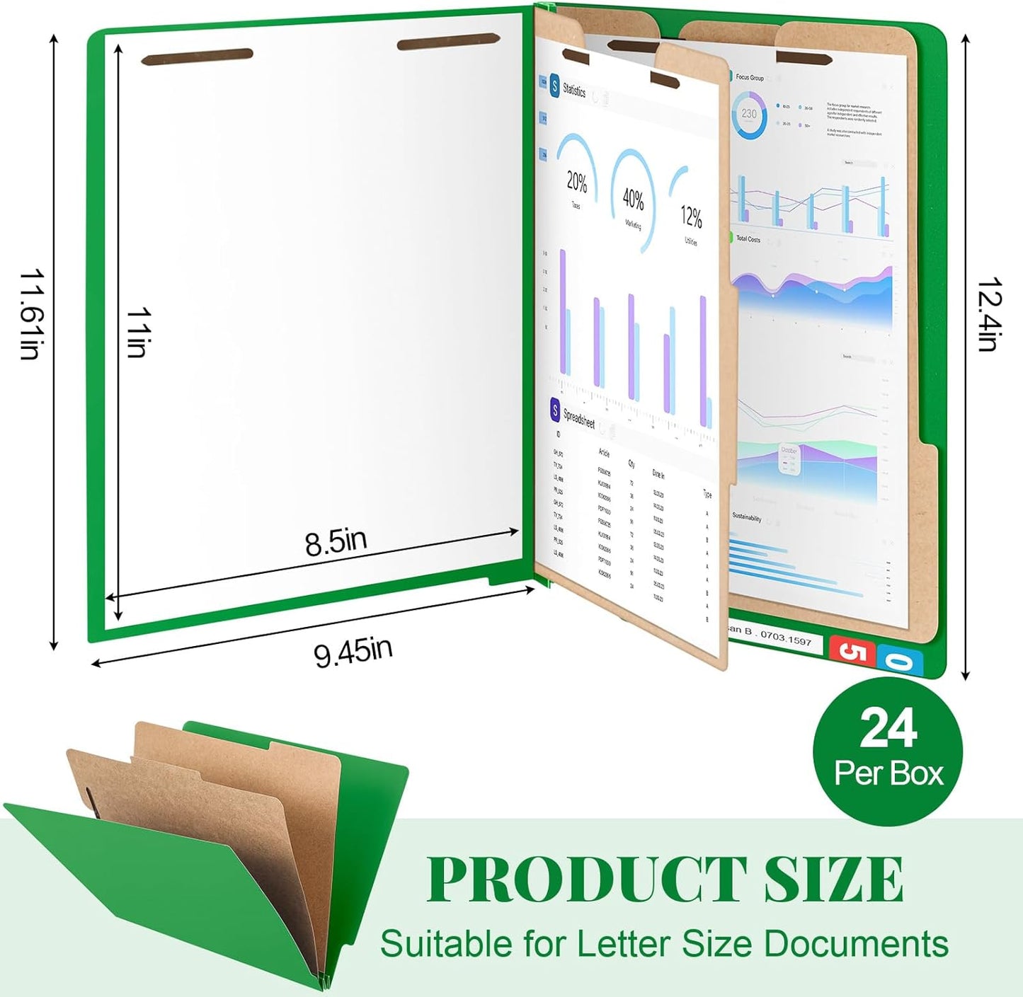 24 Pcs Classification Folders Letter Size, Back to School Supply for Teacher, Student, 2 Dividers Pressboard File Folder Bulk with Fasteners, 3.5 Inch Expanding File Organizer(Green)