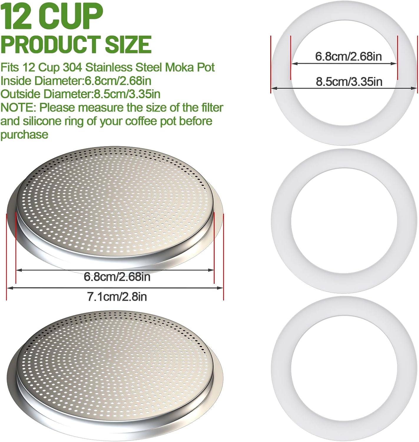 2 Pcs Filter with 3 Pcs Silicone Gasket Seals for 12 Cup Stovetop Espresso Coffee Maker Replacement Parts for 304 Stainless Steel Moka Pot