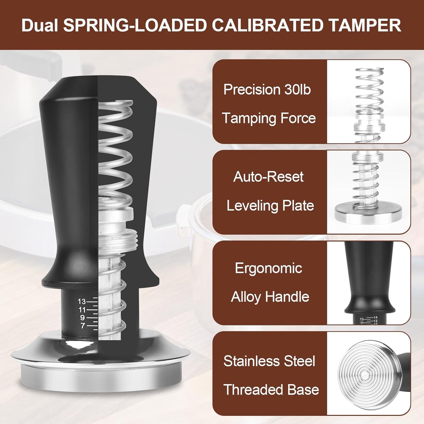 53mm Espresso Tamper Kit - Dual-Spring Calibrated Coffee Tamper, 8-Needle WDT Tool Espresso Distribution Tool, Magnetic Aluminum Dosing Funnel, Reusable Puck Screen, Fit for 53mm Portafilters