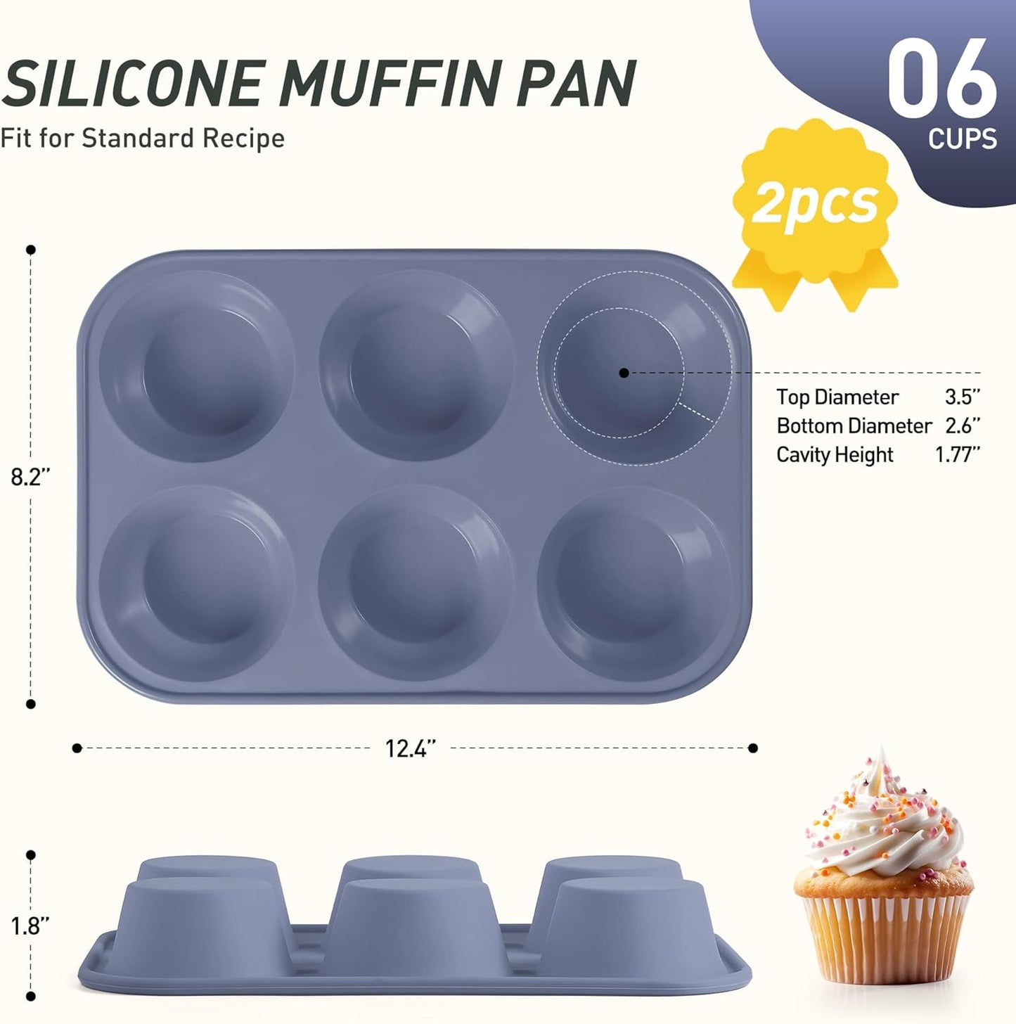2 Pack 6 Cups Jumbo Muffin Pan with Metal Reinforced Frame Silicone Molds Egg Bites Silicone Circle Cookie Molds Extra Large Muffin Tin Jumbo Tart Pans Baking Sheet Set for Sandwiches
