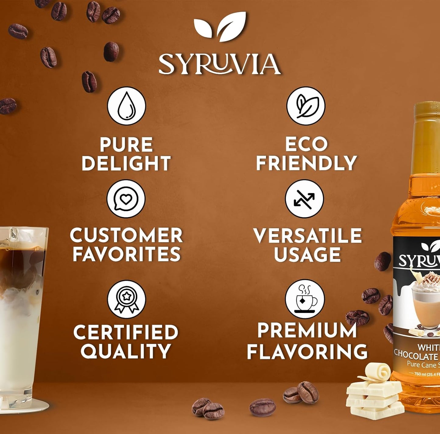 Syruvia White Chocolate Mocha Syrup For Coffee 25.4 Oz. - Kosher & Gluten Free, No Coloring, Perfect for Drinks, Soda, Shakes, Desserts, and More.