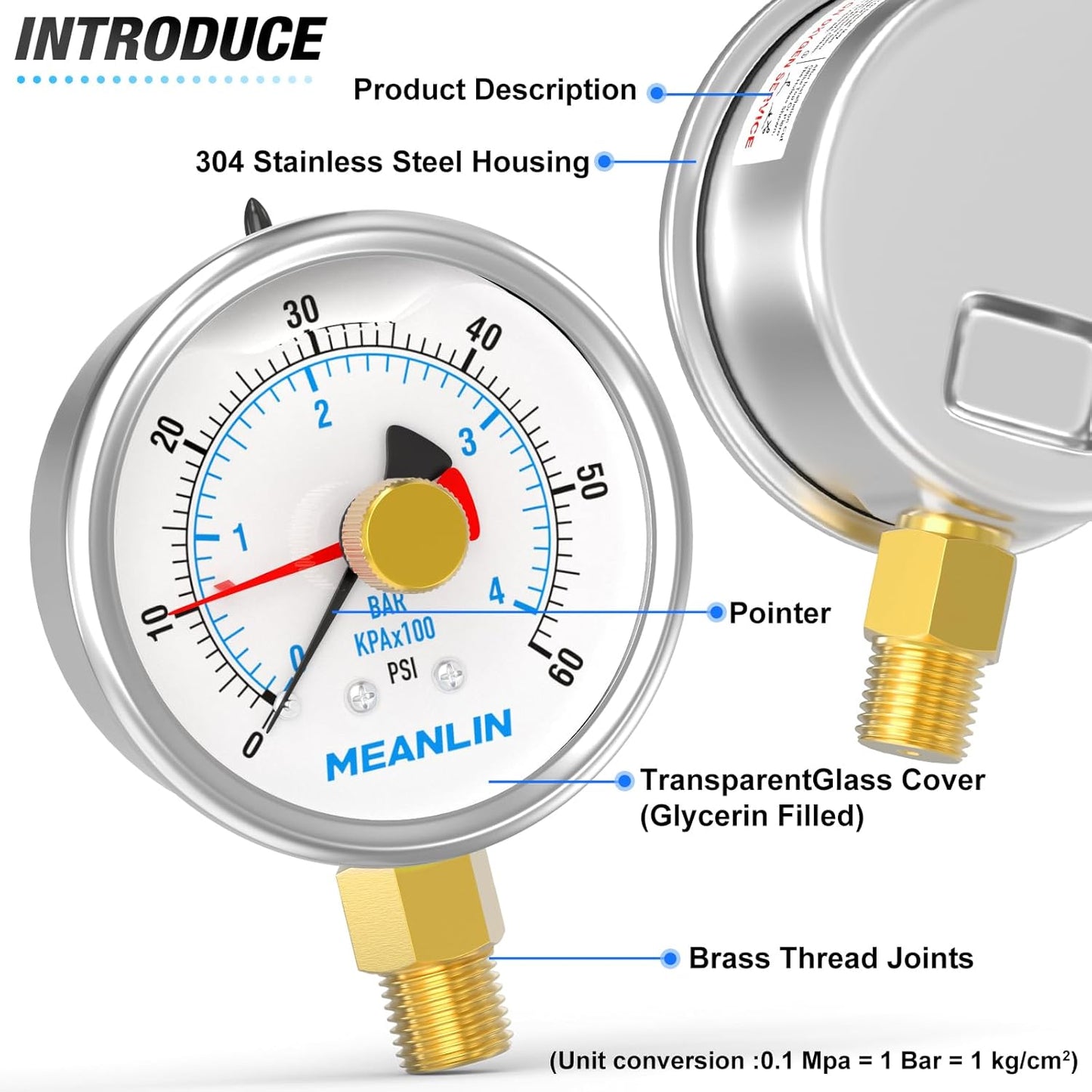 MEANLIN MEASURE 0~60Psi Stainless Steel 1/4" NPT 2.5" FACE DIAL with Reset Pointer Liquid Filled Pressure Gauge WOG Water Oil Air, Lower Mount, with Brass Hex Bushing
