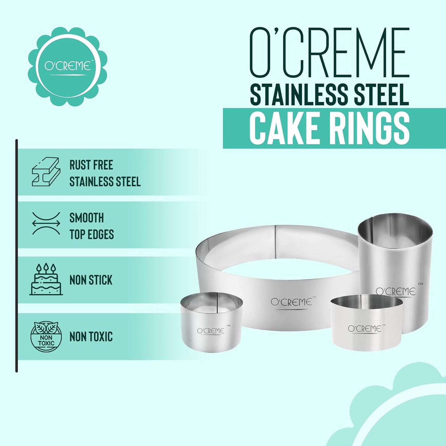 O'Creme Cake Ring Sturdy Stainless Steel Round Mousse Cake Ring Mold for Baking, Dessert Cake Decorating Pastry Rings 10 Inch Diameter x 1-3/4 Inch High