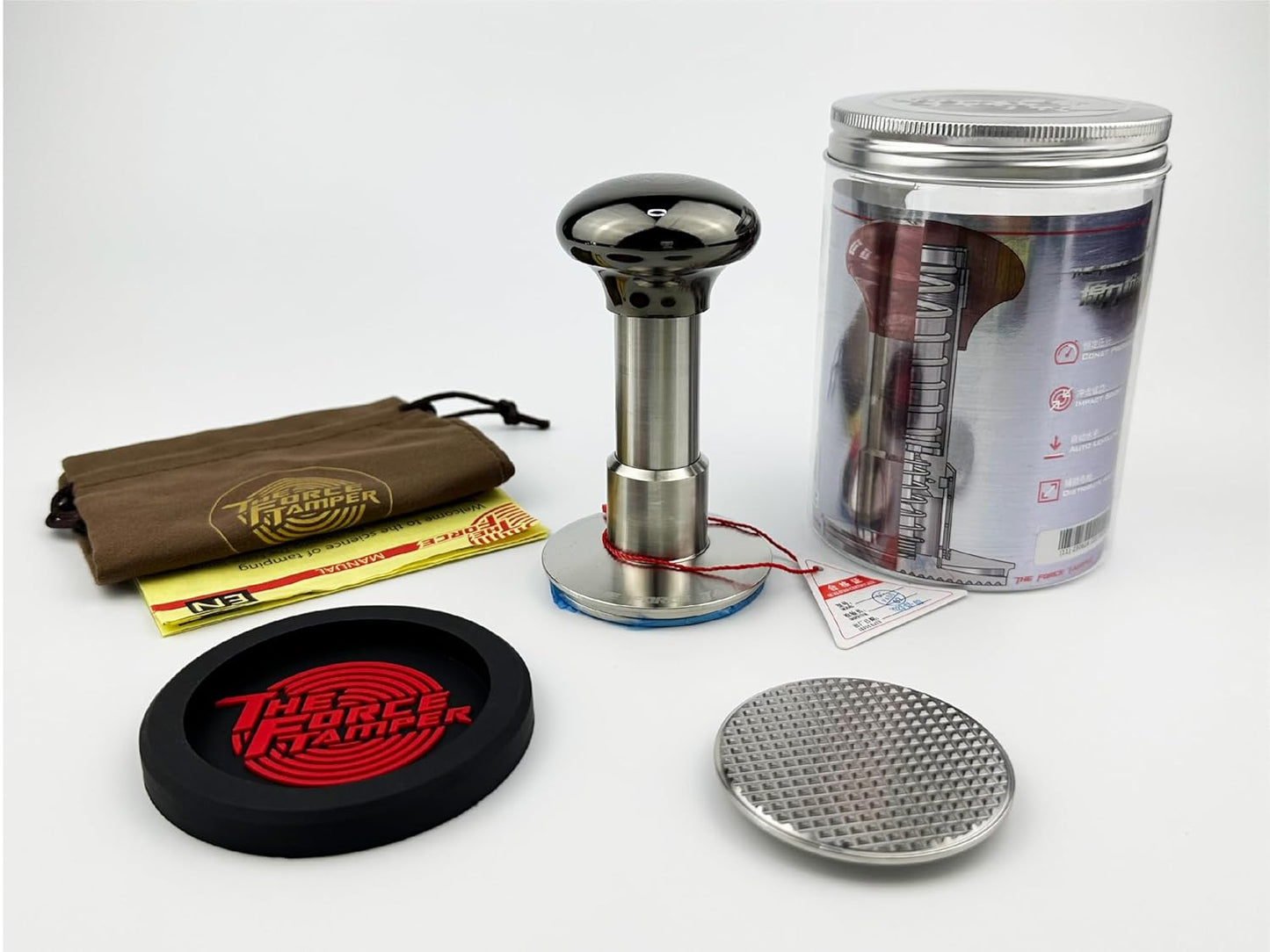 The Force Tamper Automatic Impact Adjustable Constant Pressure and Autoleveling Coffee Tamper Black Mirror Jellyfish AL Handle Set Pro (Waffle-Set, 58.50mm)