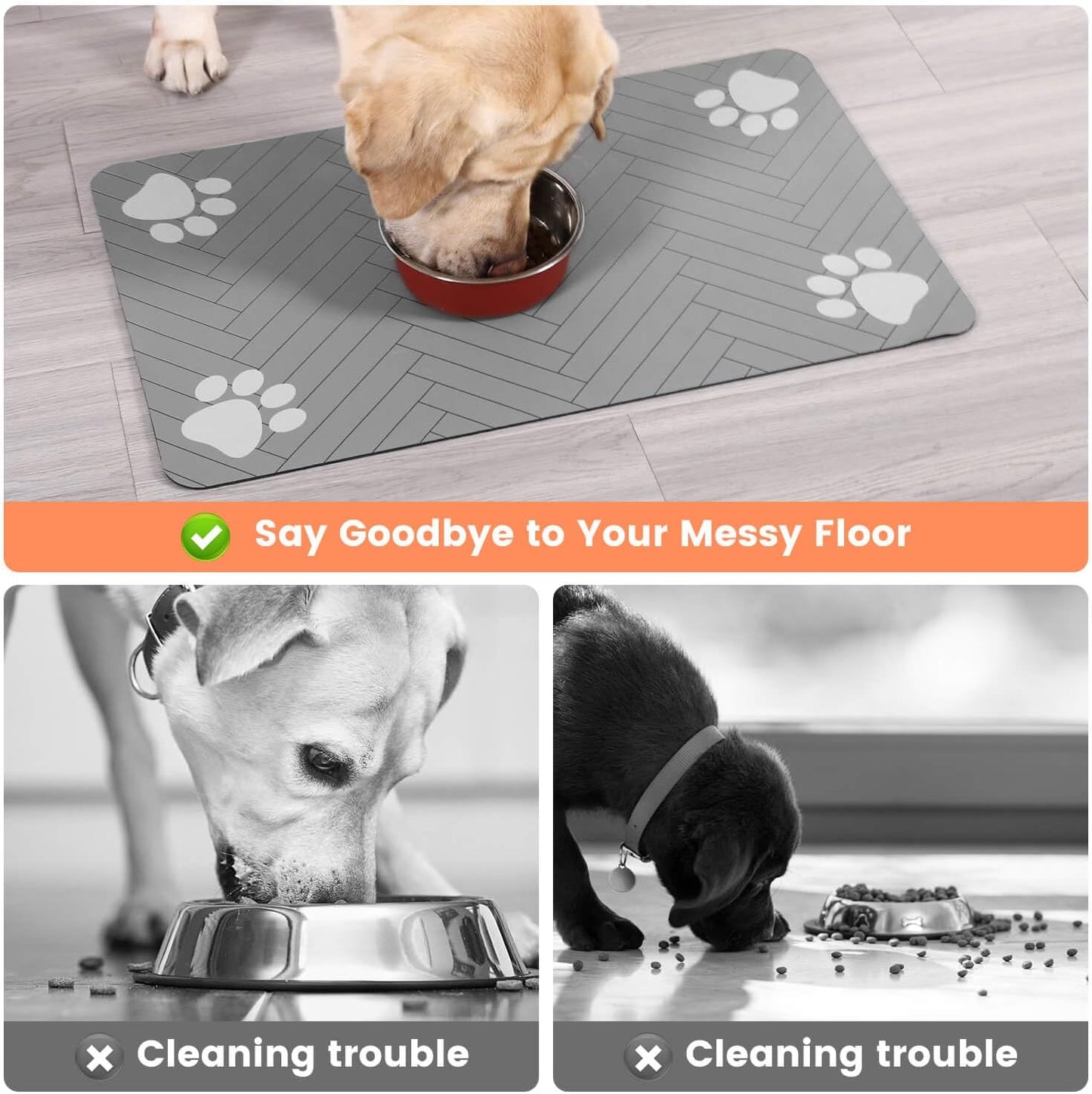 Pet Feeding Mat-Absorbent Pet Placemat for Food and Water Bowl, with Waterproof Rubber Backing, Quick Dry Water Dispenser Mat for Dog and Cat (17"x27", Striped Light Gray)